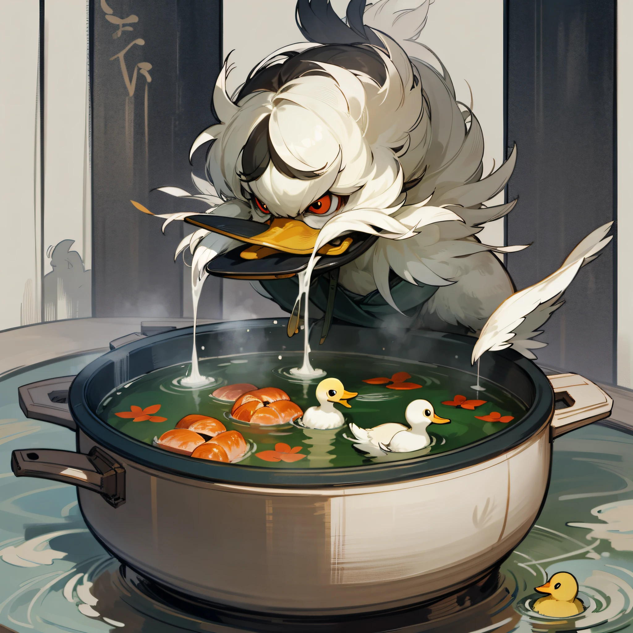 Background, during the Warring States period, (no humans) the protagonist is one, a duck, holding a hot pot --auto --s2