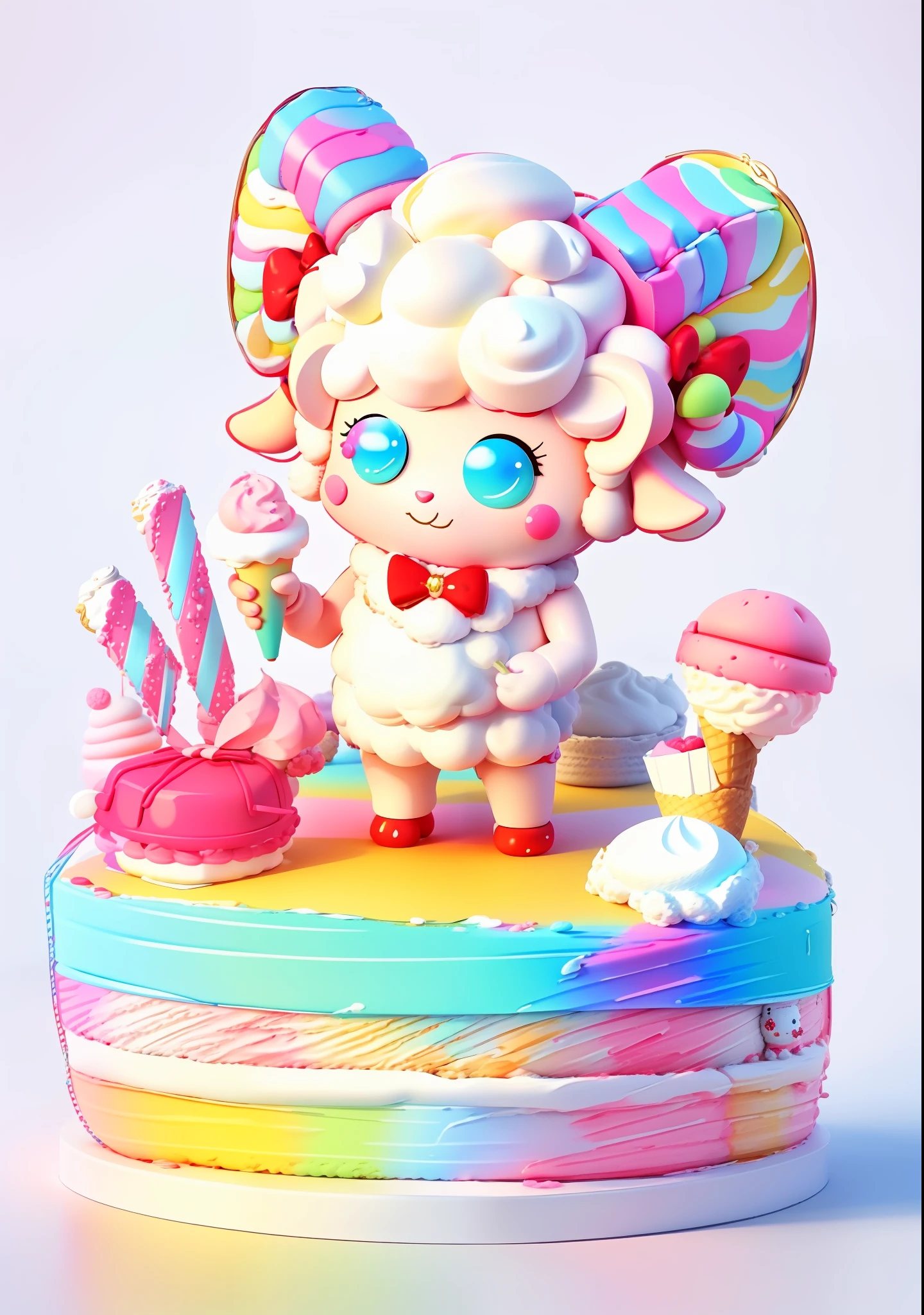 A sheep doll character holding ice cream, figure, blind box, 3D model, sheep with red horns, bow, lollipop, animal sheep character, rainbow sheep like marshmallow, sheep doll, macaron color, bright color block, bright color, line art, infinite detail, fine painting, beautifully depicted, blank background, 8k,