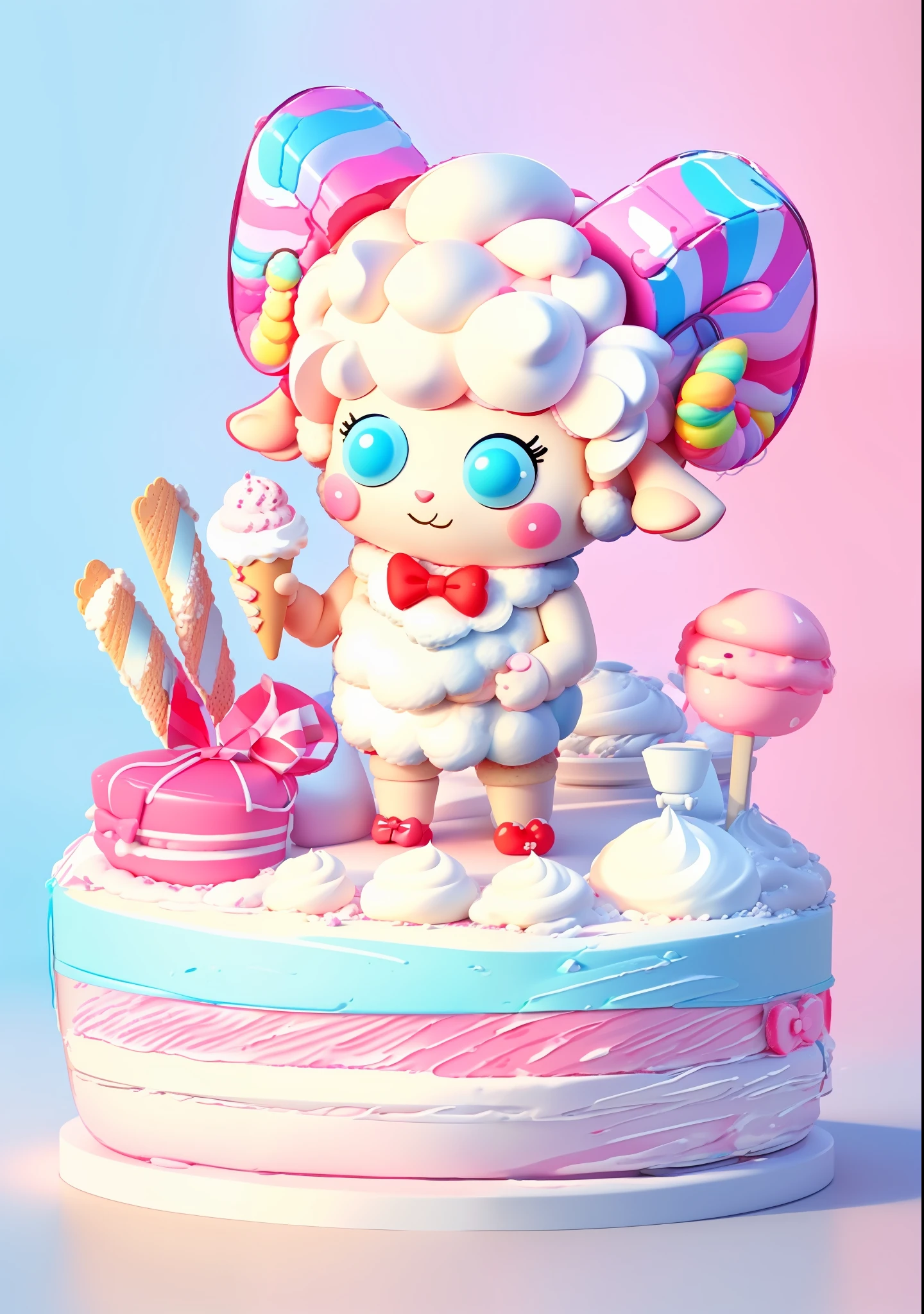 A sheep doll character holding ice cream, figure, blind box, 3D model, sheep with red horns, bow, lollipop, animal sheep character, rainbow sheep like marshmallow, sheep doll, macaron color, bright color block, bright color, line art, infinite detail, fine painting, beautifully depicted, blank background, 8k,