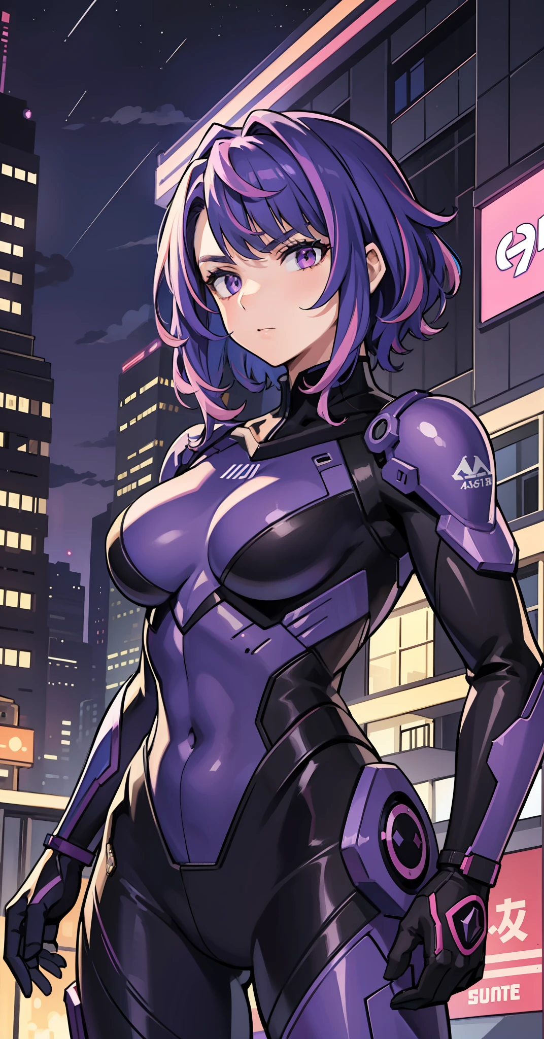 1girl, masterpiece, lady_nagant, short hair, purple hair, multicolored hair, purple eyes, serious, mechanical suit, black suit, portrait, night city background,