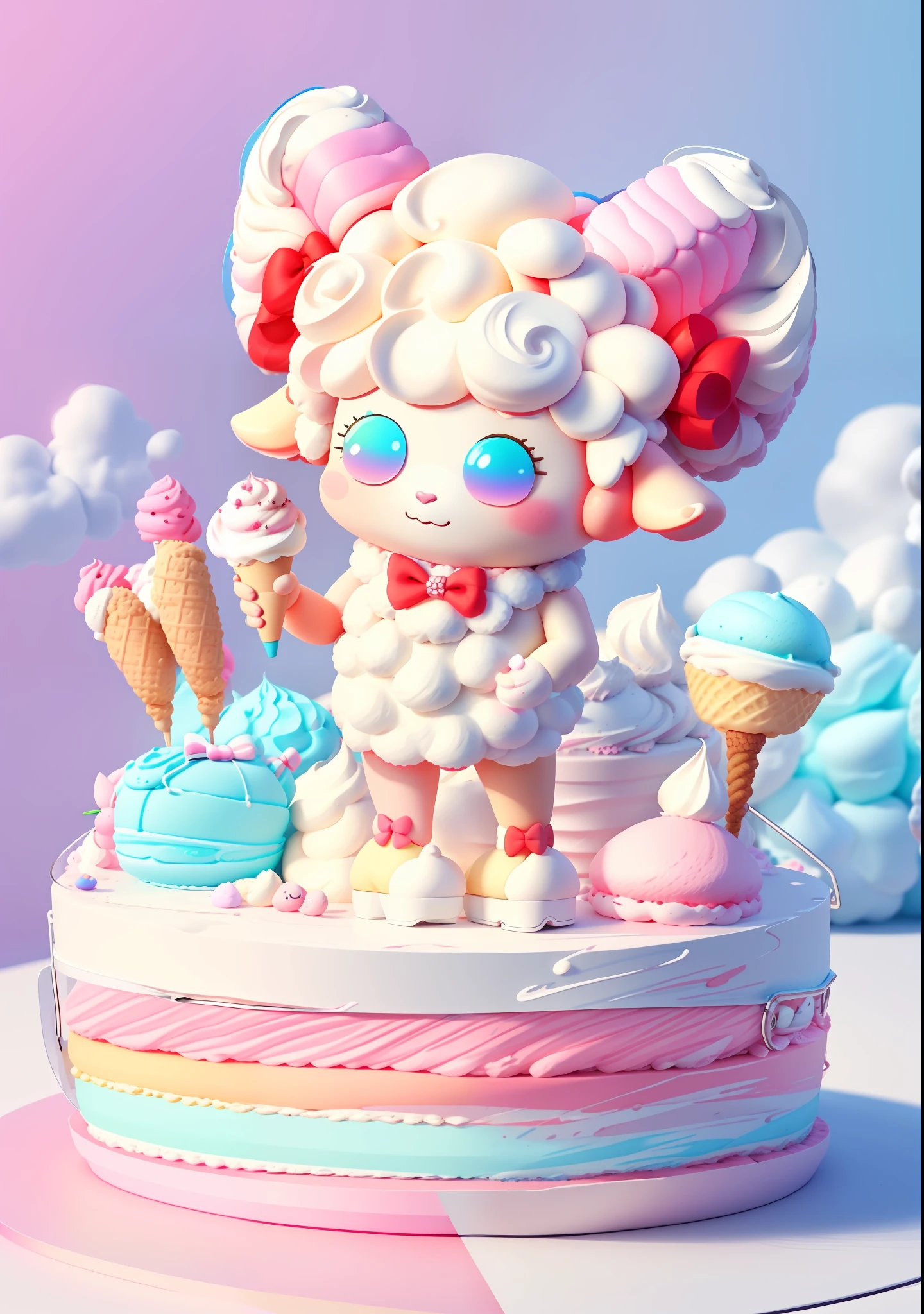 A sheep doll with ice cream, figure, blind box, 3D model, sheep with red horns, bow, lollipop, cream, cake, animal sheep character, rainbow sheep like marshmallow, sheep doll, macaron color, bright color block, bright color, line art, infinite details, fine drawing, beautifully depicted, blank background, 8k,