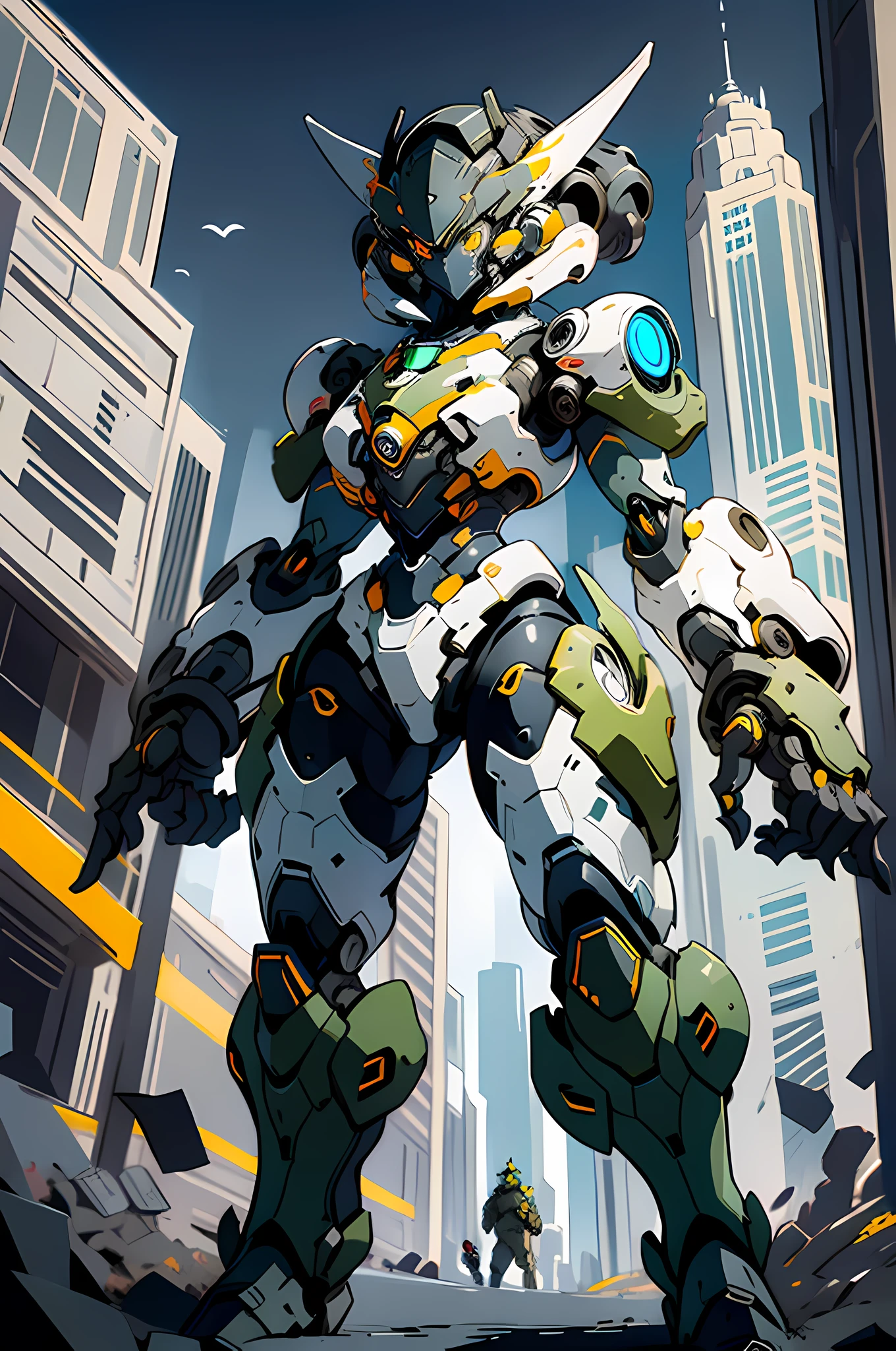 1 girl in mecha suit, glowing eyes, camouflage, concept art running on the battlefield Ink art, flat color, high contrast, fashion Absurd, best quality, negative space,