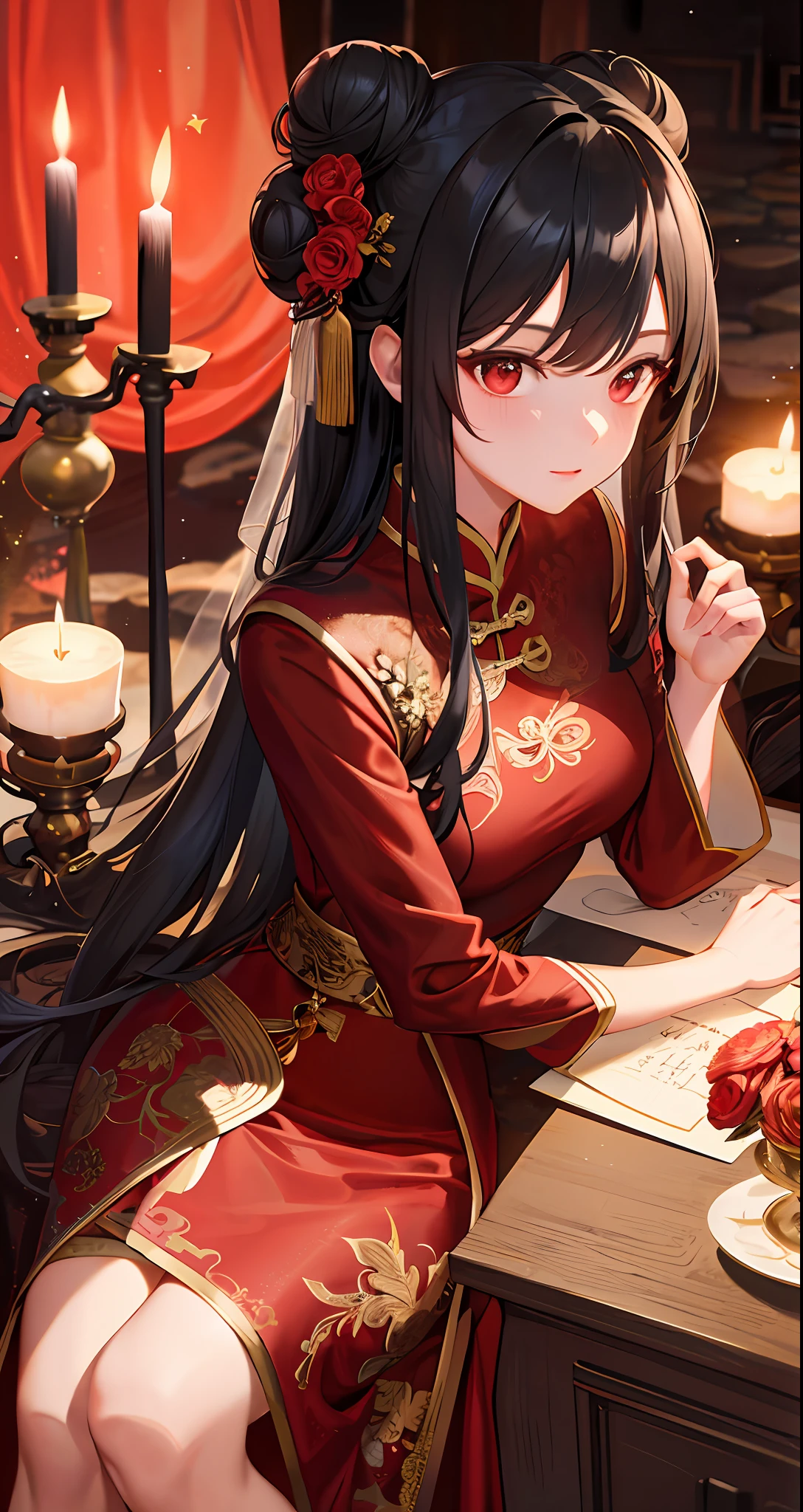 Masterpiece, Superb Style, Cave House Flower Candle Night, Wedding Scene, 1 Daughter, (Single), Mature Woman, Chinese Style, Sister, Royal Sister, Chinese Costume Red Wedding Dress, Bun, Black Long Haired Woman, Gentle, Intellectual, Three Belts, Wedding Background, Wan, Red Lantern