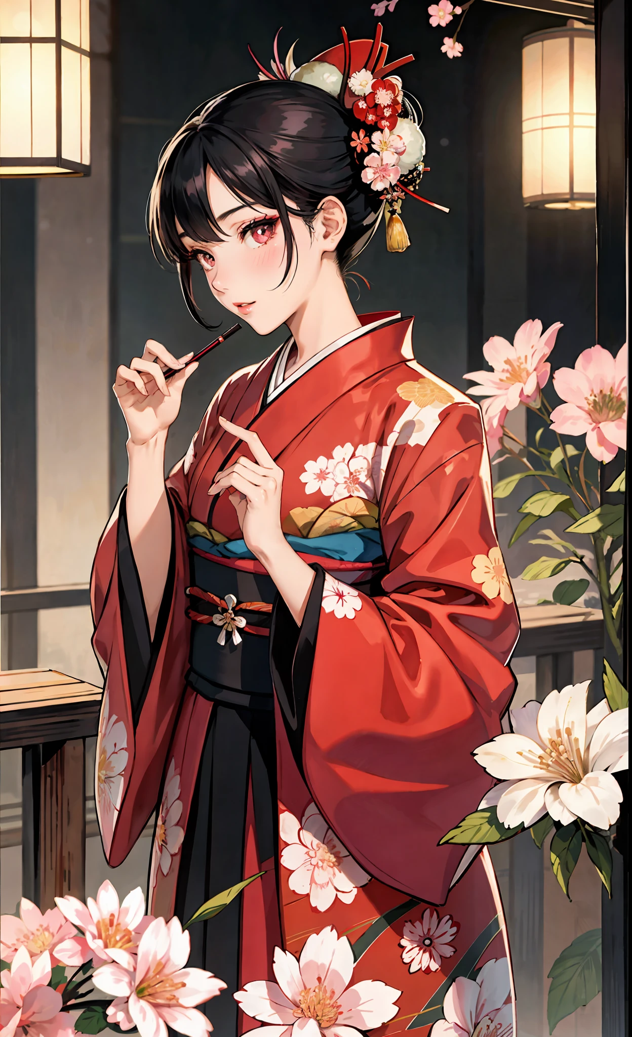 master-piece,hyper quality, hyper detailed,perfect drawing,solo, kimono beauty, kimono, kimono, black hair, japanese hair, half-open lips, sink eyes, elegance, splendid, beautiful, blush (0.2), glittering, beautiful, gorgeous, gentle, forward light, natural light, Japanese-style room, gesture of applying lipstick with index finger,