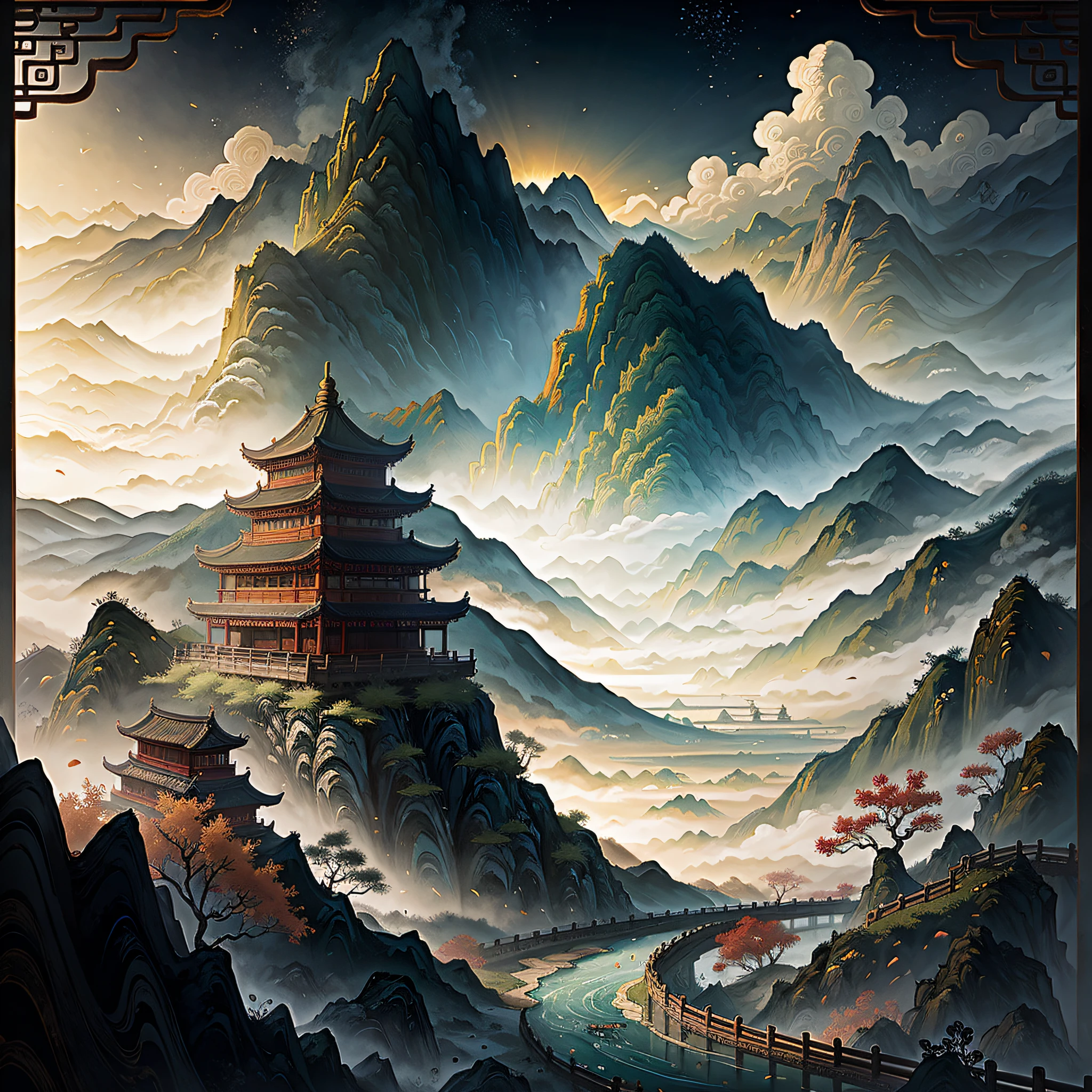 ancient chinese painting, ancient chinese background, mountains, river, auspicious clouds, pavilions, sunlight, masterpiece, super detail, epic composition, ultra hd, high quality, extremely detailed, official art, unified 8k wallpaper, super detail