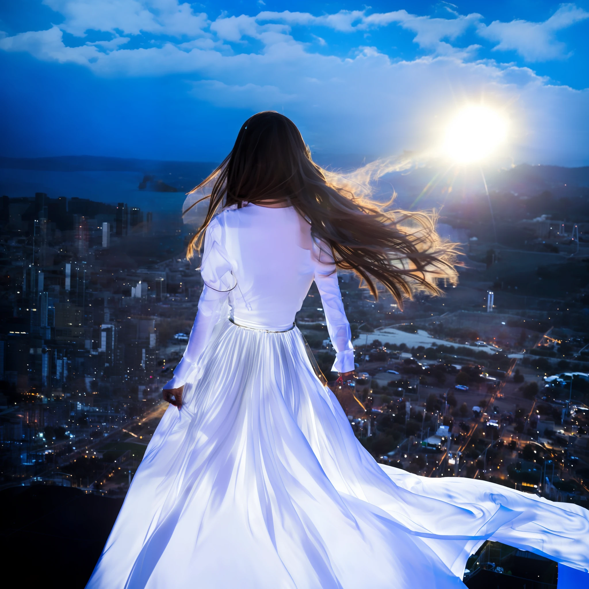 Arafins woman in long dress standing on a ledge overlooking the city, beautiful girl on the horizon, wearing a white flowing dress, wearing a flowing dress, looking out over the city, looking at the city, flowing dress, flowing white dress, soaring over a dense city, looking down on a modern city, flowing gown, she is approaching heaven in a long dress, receiving the flowing wind, the dress is translucent