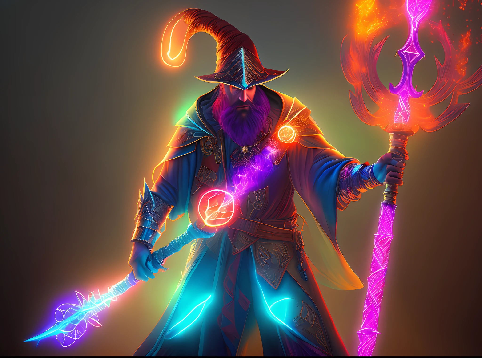 Full body mage holding magic staff, confident mage with hawk nose surrounded by glowing arcane runes, ultra realism, 8k quality, bright neon colors, glowing eyes, hyperrealism, UHD, ultra vivid neon colors, ureal engine graphics engine 5, ( hyper detailed ),