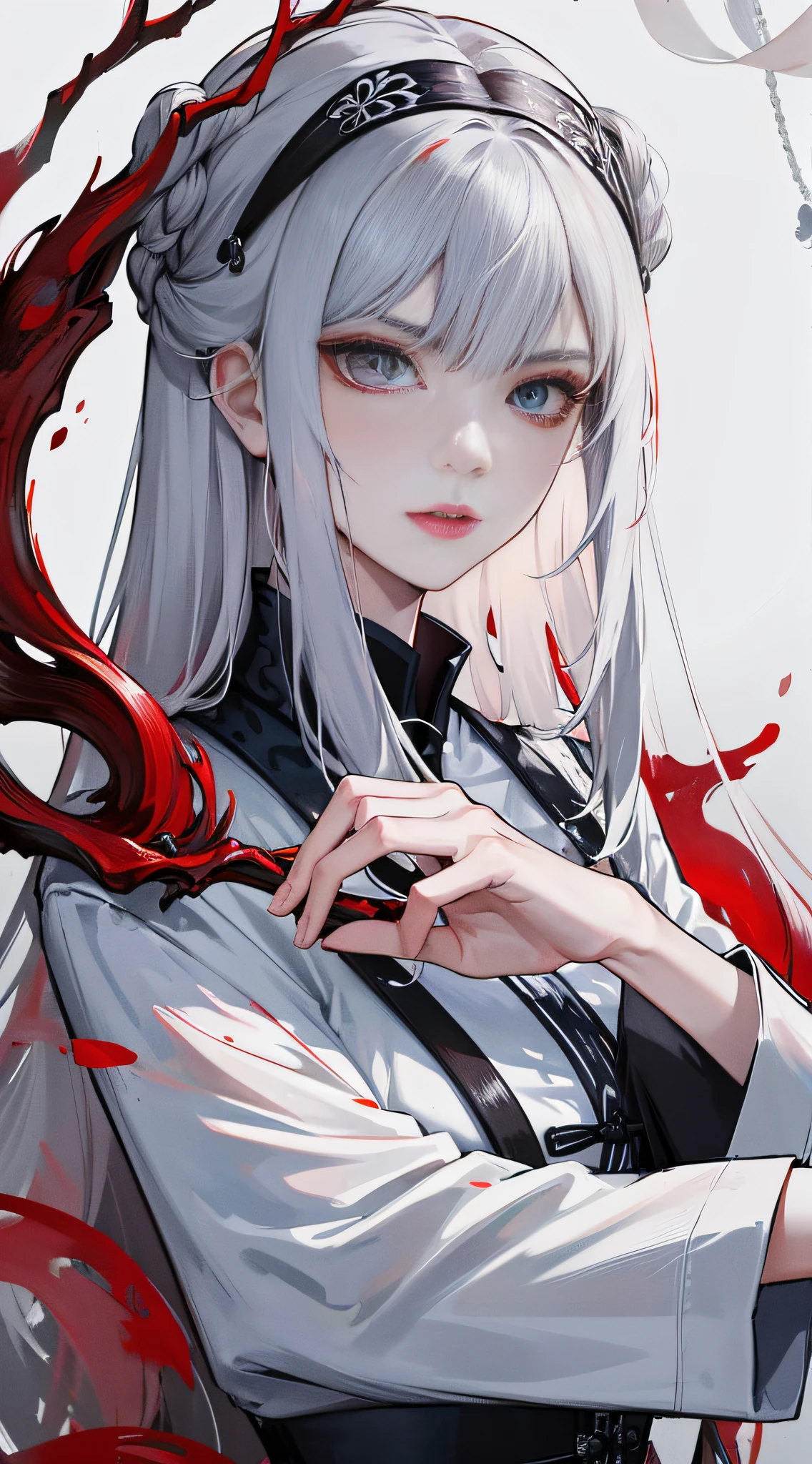 Masterpiece, Superb Class, Night, Outdoor, Rainy Day, Branches, Chinese Style, Ancient Chinese, Solo, 1 Woman, Mature Woman, Red Eyeliner, Silver-White Long Haired Woman, Gray-Blue Eyes, Pale Pink Lips, Indifference, Serious, Bangs, Assassin, Sword, White Clothes, Blood, ????????, Death, Injury, Blood, Facial Bloodstain, Lots of Blood, Facial Details, Facial Details, Simple Background, Solid Color Background,