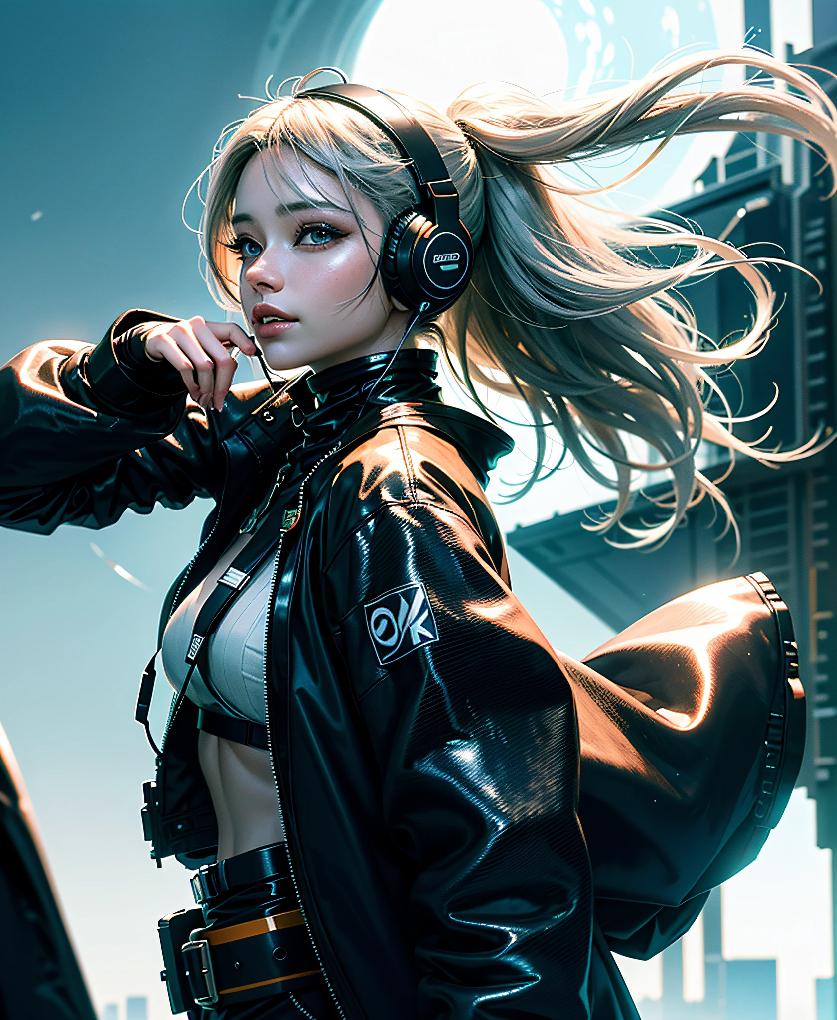 (8k, RAW photo, photorealistic:1.25) ,( lip gloss, eyelashes, glossy side, shiny skin, best quality, ultra high resolution, depth of field, chromatic aberration, caustics, wide light, natural shadow, Kpop idol) Watch the audience with serenity and goddess-like happiness, cyberpunk, rooftop, high-altitude city, neon orange, hair flying apart, various actions, 7 doppelgangers entering, black-orange costumes, silver-white hair, wearing coats, wearing less, smiling, charming, with tech headphones, luminous accessories, sexy women, light drifting, big moon, fighting stance, 1girl, extra long hair,