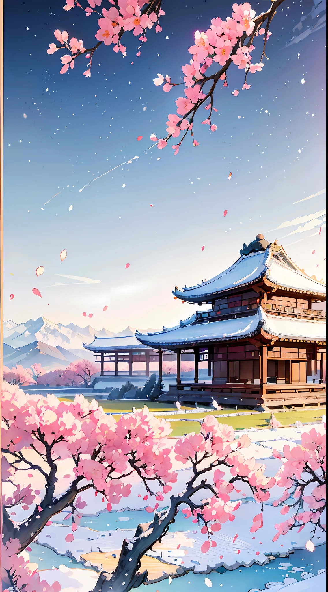 Masterpiece, pavilion, original, very detailed 8K wallpaper, very delicate and beautiful, (nature: 1.2), (vast grassland), (cherry blossoms: 0.5), (mountain top | snow: 0.7), (lake: 0.7) (reasonable), beautiful detailed sky, masterpiece, wide angle, movie lighting, beautiful details water, no people, detailed background