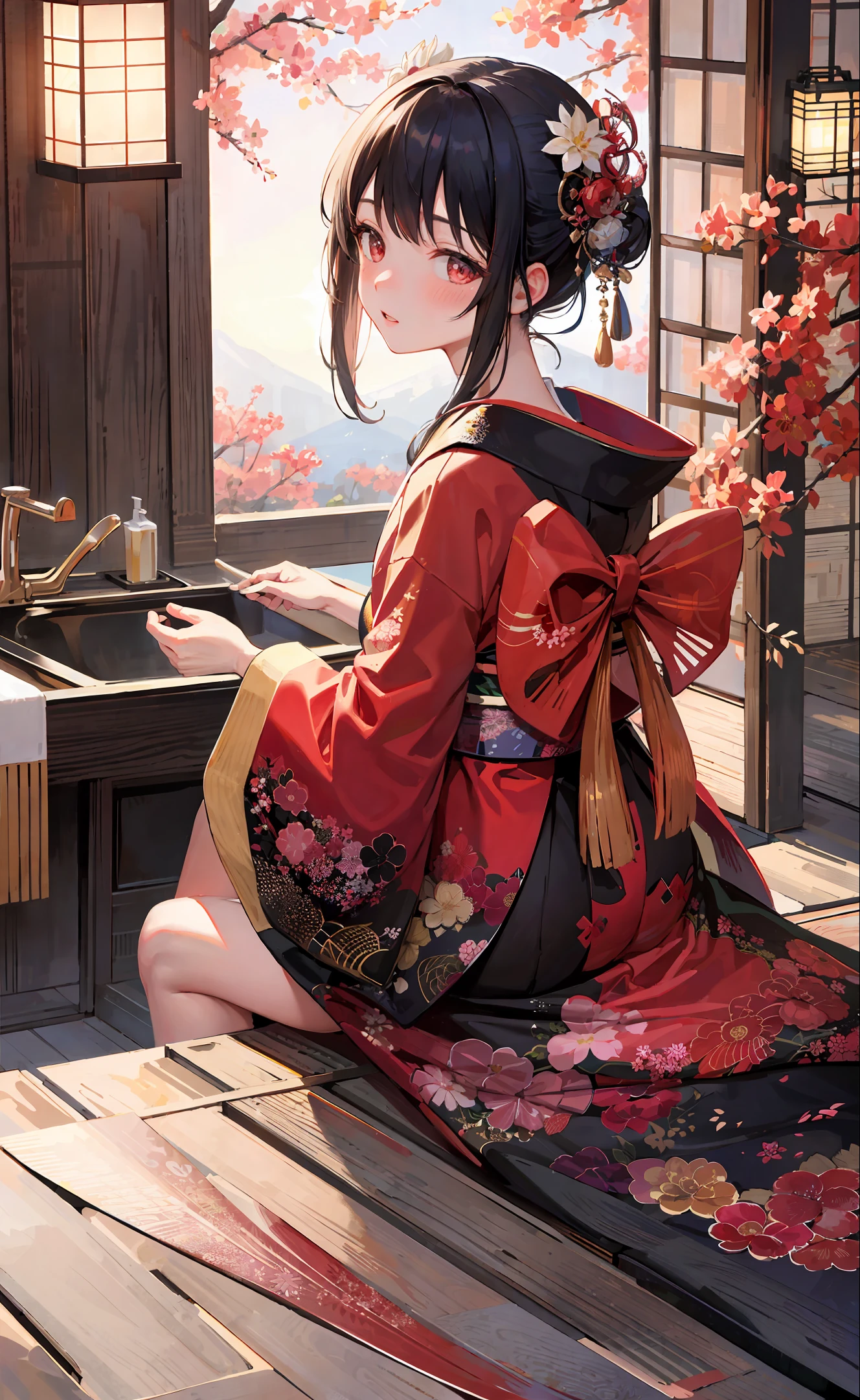 master-piece,hyper quality, hyper detailed,perfect drawing,solo, kimono beauty, kimono, kimono, black hair, japanese hair, half-open lips, sink eyes, elegance, splendid, beautiful, blush (0.2), glittering, beautiful, gorgeous, gentle, forward light, natural light, Japanese-style room, red gesture,