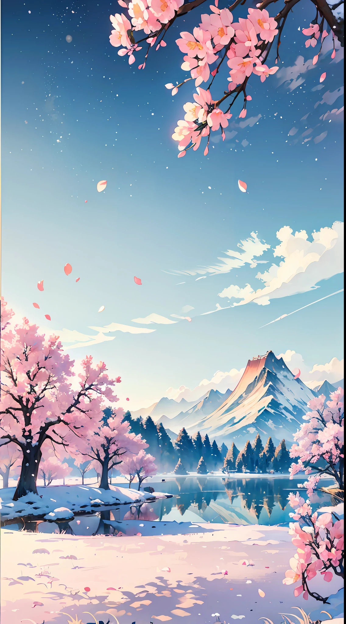 Masterpiece, pavilion, original, very detailed 8K wallpaper, very delicate and beautiful, (nature: 1.2), (vast grassland), (cherry blossoms: 0.5), (mountain top | snow: 0.7), (lake: 0.7) (reasonable), beautiful detailed sky, masterpiece, wide angle, movie lighting, beautiful details water, no people, detailed background