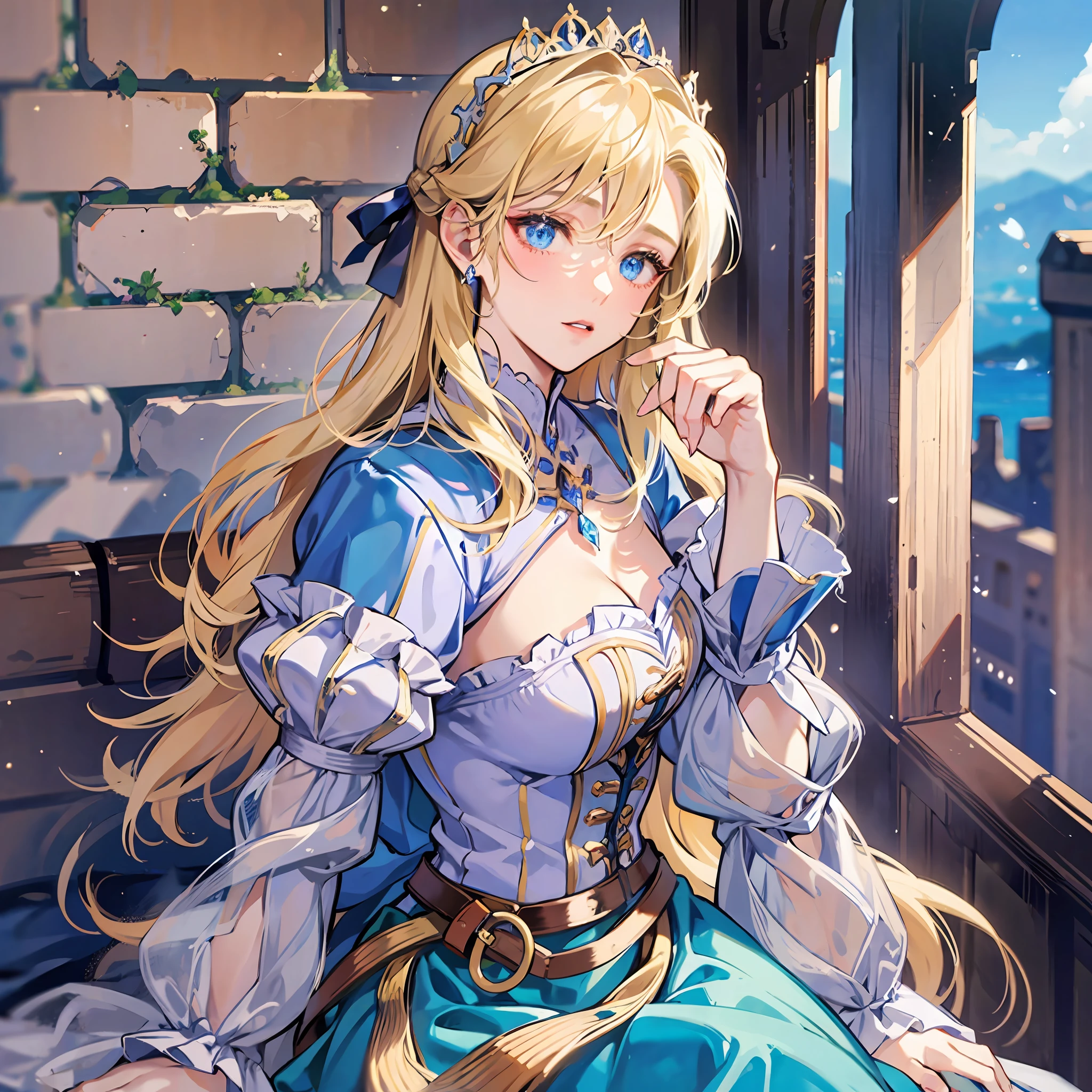 A duchess in the medieval period, blonde, blue eyes, elegant, 30 years, anime, 8k image --auto --s2