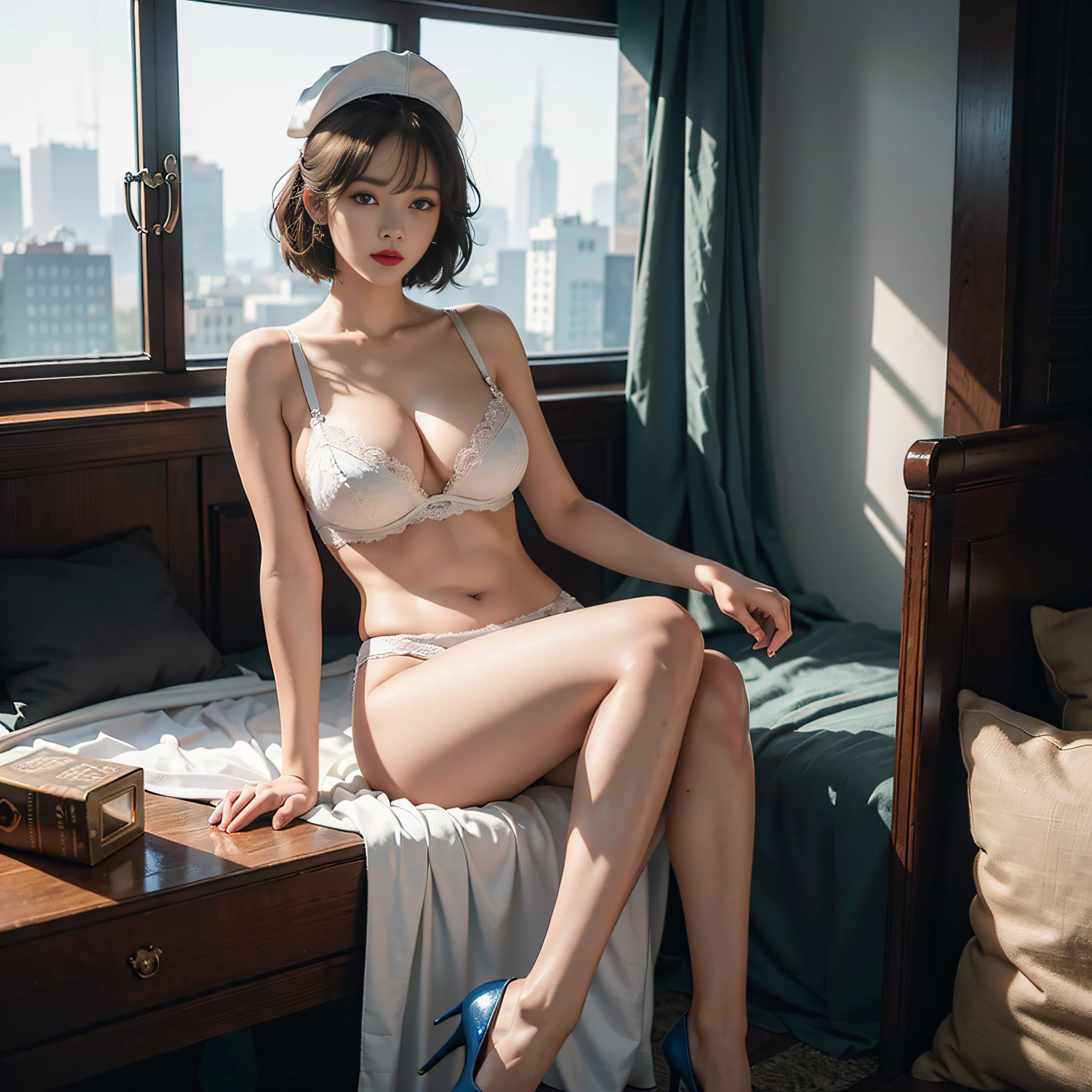 {{{masterpiece}}}, {realistic:1.2}, best quality, official art, extremely detailed CG unity 8k wallpaper, day, artbook, game_cg, {1girl}, NSFW, overexposed, milf, detailed bra, huge breasts, solo, short hair, seductive smile, blue eyes, {white pantyhose}, high heels, nurse cap, crossed_legs, eye_contact, {beautiful detailed gradient eyes}, red lips, illustration, highres, cinematic lighting, dramatic angle