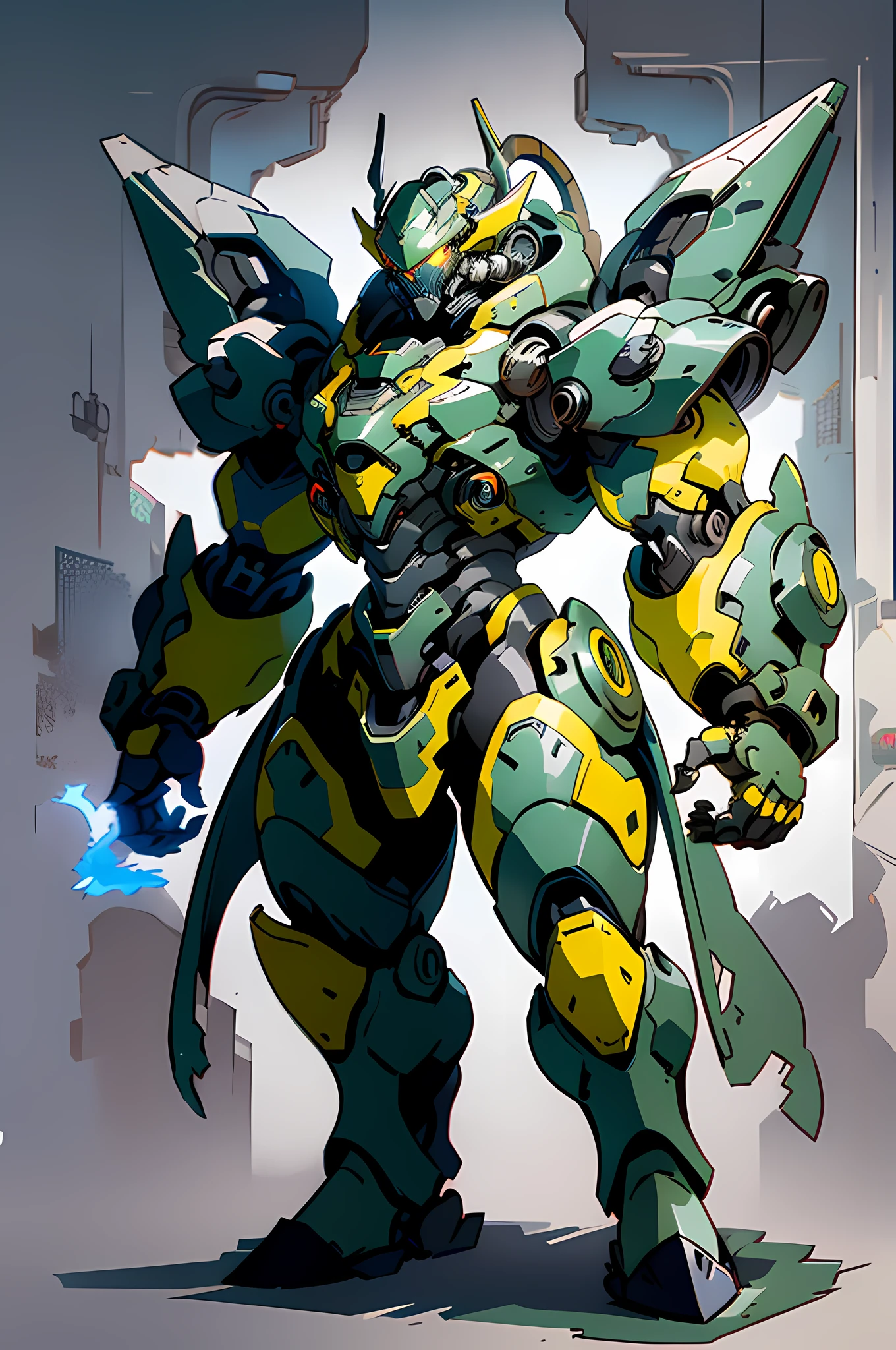 1 Dragon in mecha suit, glowing eyes, camouflage, concept art running on the battlefield ink art, flat color, high contrast, fashion absurd, best quality, negative space