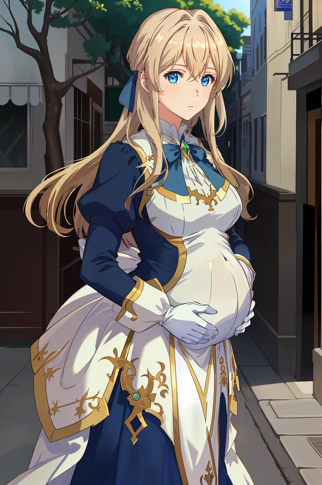 (Pregnant), best quality, masterpiece, highly detailed, anime, 1 girl, upper body, violet_evergarden, medium breasts, perfect face, blond hair, hair ribbon, blue eyes, glowing eyes, blue jacket, long sleeves, white dress,green gem, brown gloves, outdoors, street, depth of field, looking at viewer, pregnant, pregnant belly, ((pregnant))