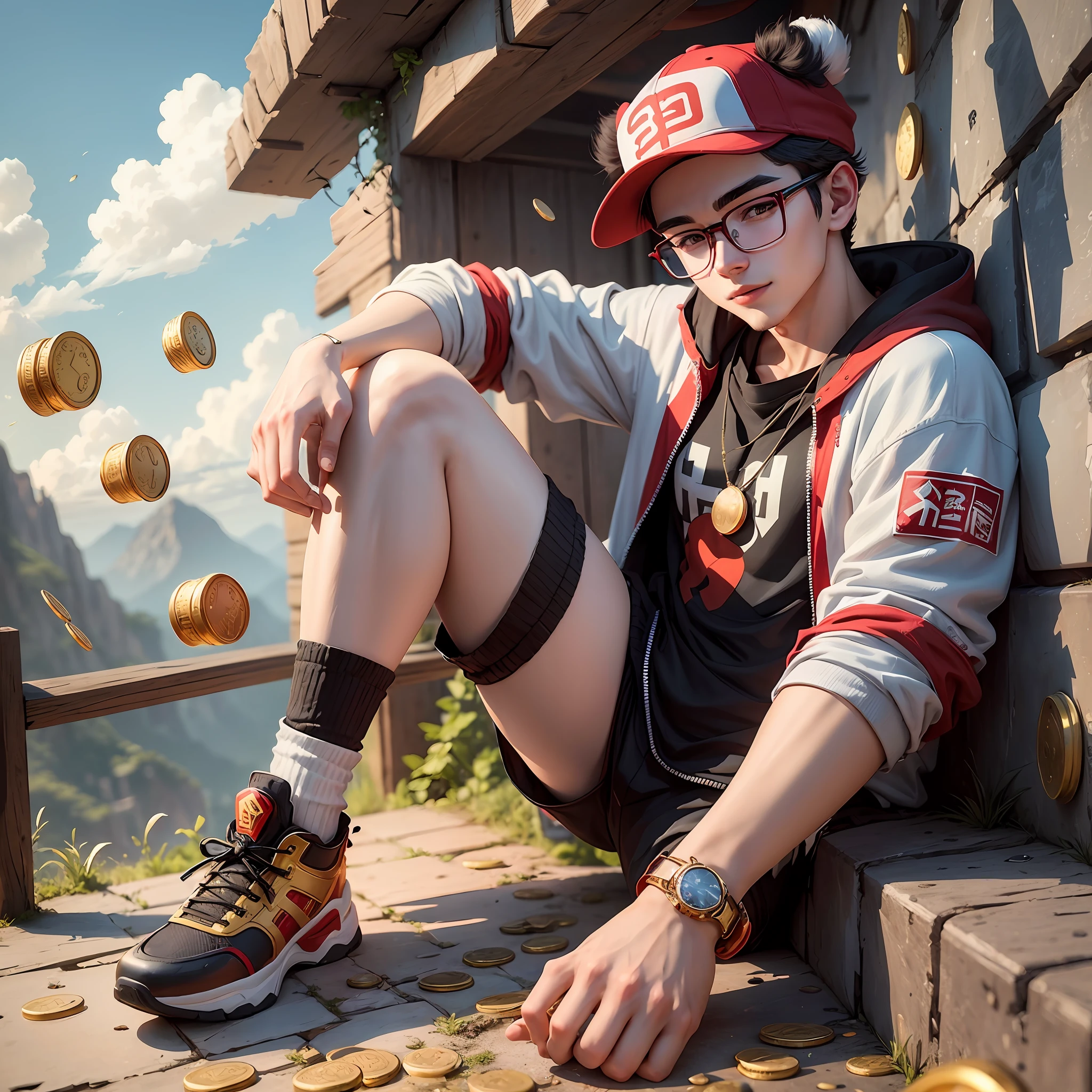 18 year old young man, with black glasses, white skin, red cap, beautiful, Kung full panda animation style, happy, cool, with scenery, slot, red, with falling gold coins, realistic, Instagram profile picture --auto --s2
