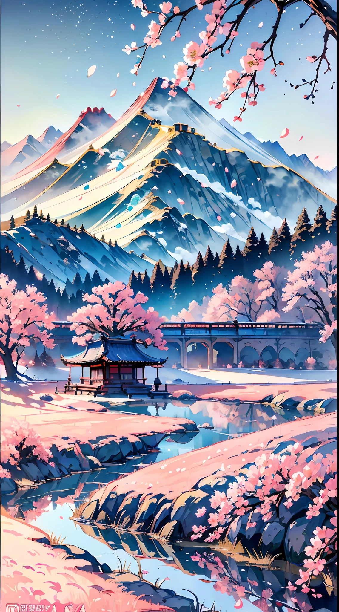 Masterpiece, pavilion, original, very detailed 8K wallpaper, very delicate and beautiful, (nature: 1.2), (vast grassland), (cherry blossoms: 0.5), (mountain top | snow: 0.7), (lake: 0.7) (reasonable), beautiful detailed sky, masterpiece, wide angle, movie lighting, beautiful details water, no people, detailed background