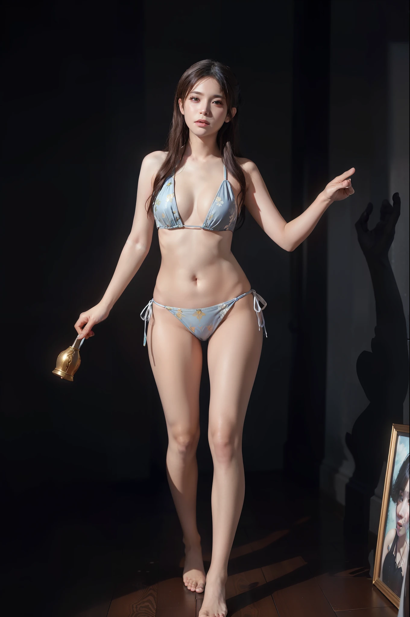 Surrealist female portraits by David Hockney and Alphonse Mucha, fantasy art, photorealism, dynamic lighting, artstation, poster, volumetric lighting, very detailed faces, 4k, award-winning, 1girl, in the dark, deep shadows, understated, full body shot, (bikini: 1.4), long hair, gray hair,