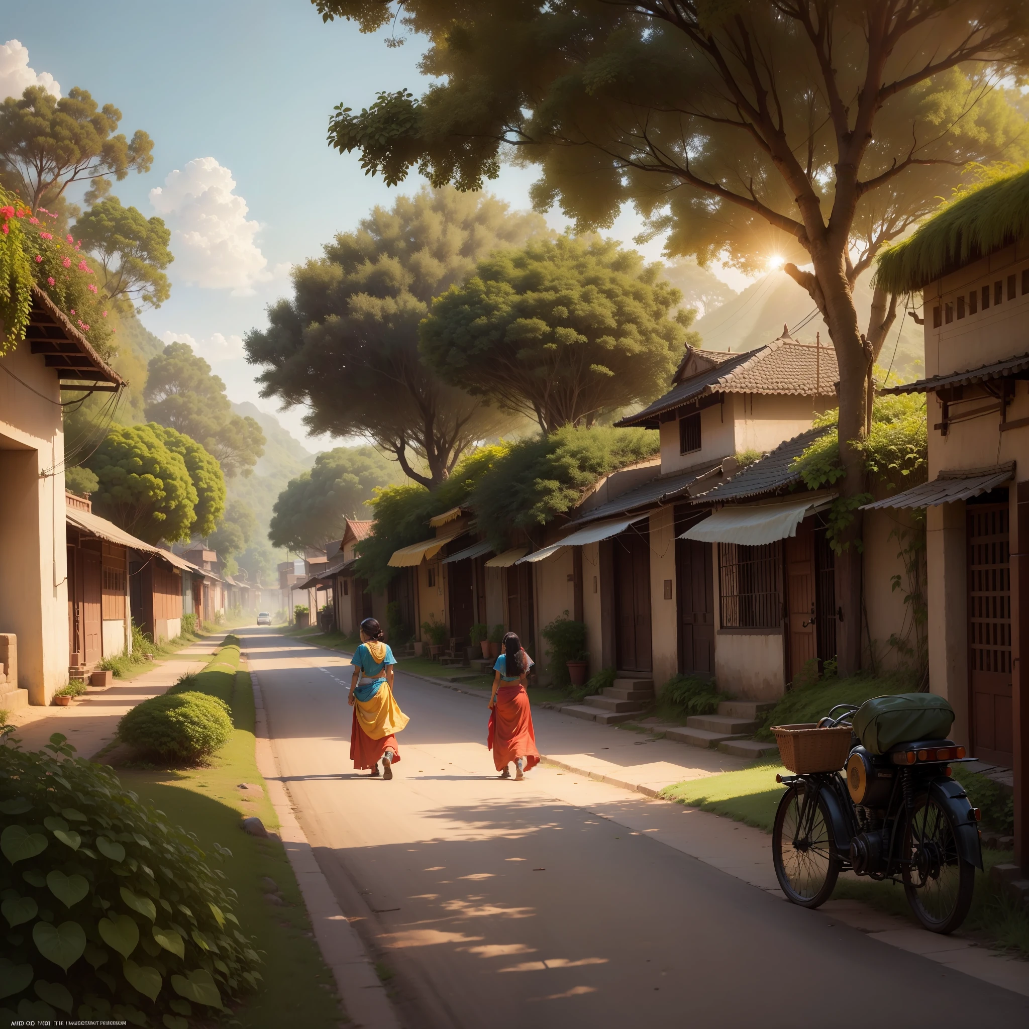 (Indian village) (sun) (beautiful image) (Indian streets) (roads full of bushes)