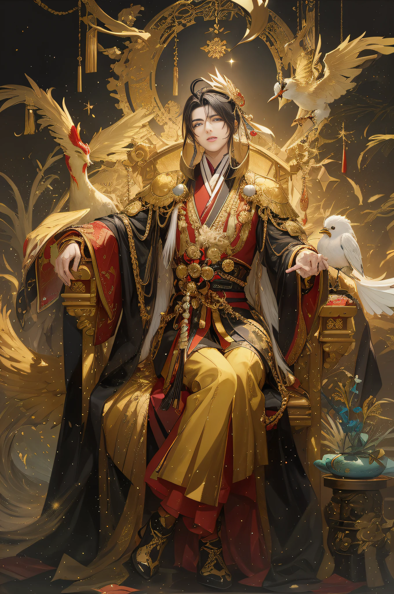 Arafard's image of a man sitting on a throne with a bird, Yang J, g Ryurian Art Style, Kurase Jinyao, inspired by the Yellow God, Keqing from the Genshin Impact, Human God Emperor, Nakata from the Genshin Impact, Onmyoji Detailed Art, Beautiful Male Shinigami, Bian Lian
