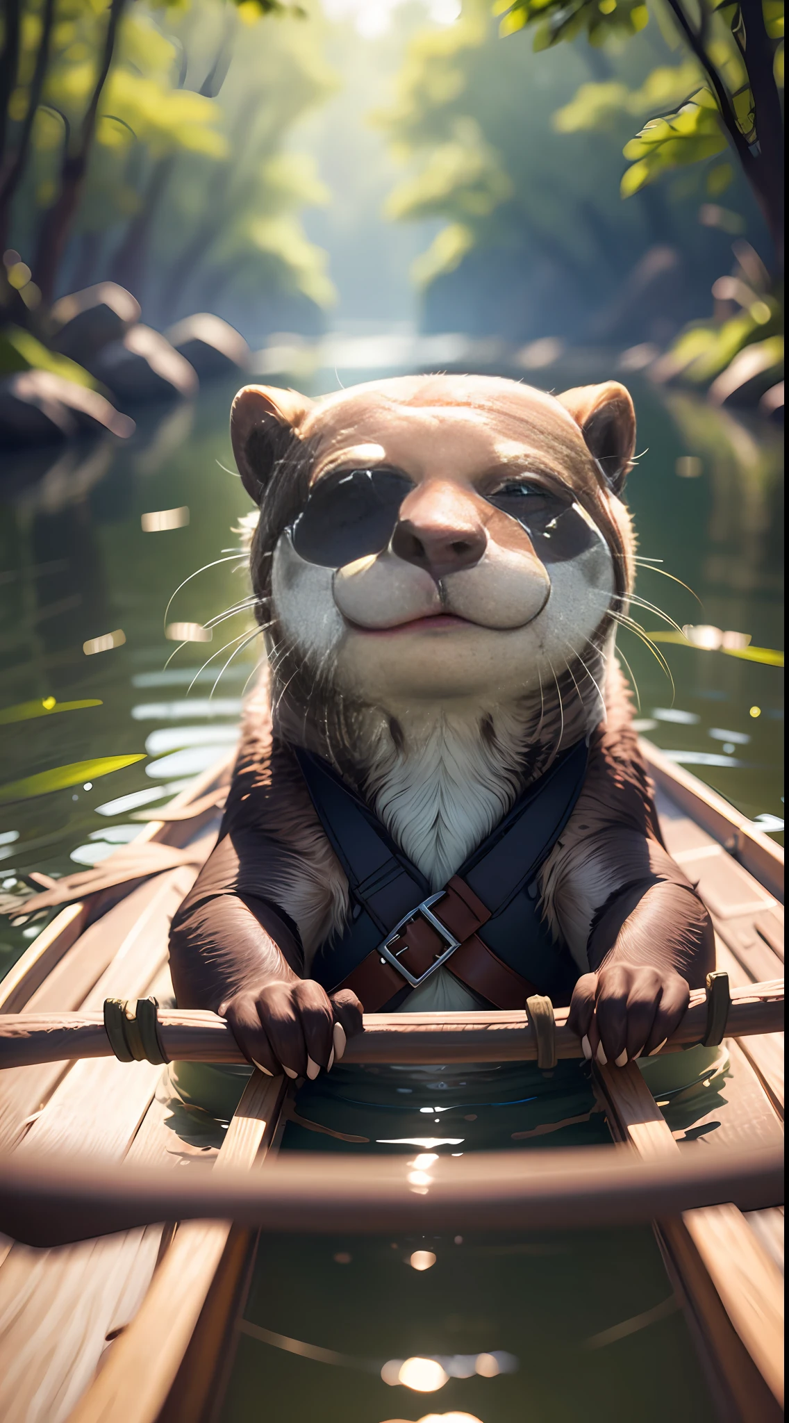 intricate details,8k,highres,(realistic),soft light,perfect shadow, A group of 6 cute otters are all wearing  life jacket, all rowing a canoe, in a canoe, sitting, padding, a intricately detailed, fine details, hyperdetailed, raytracing, subsurface scattering, diffused soft lighting, shallow depth of field, UHD, --auto --s2