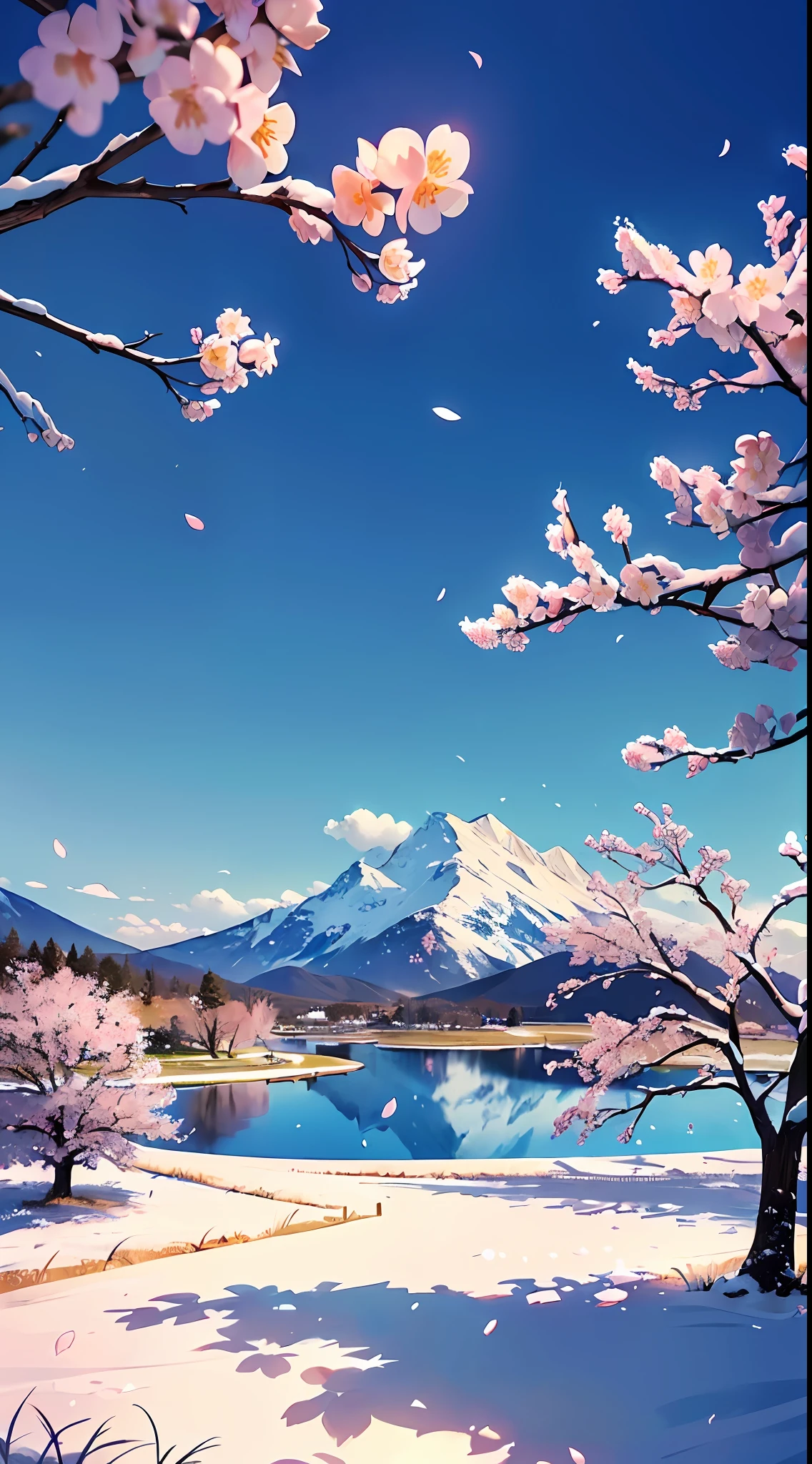 Masterpiece, pavilion, original, very detailed 8K wallpaper, very delicate and beautiful, (nature: 1.2), (vast grassland), (cherry blossoms: 0.5), (mountain top | snow: 0.7), (lake: 0.7) (reasonable), beautiful detailed sky, masterpiece, wide angle, movie lighting, beautiful details water, no people, detailed background