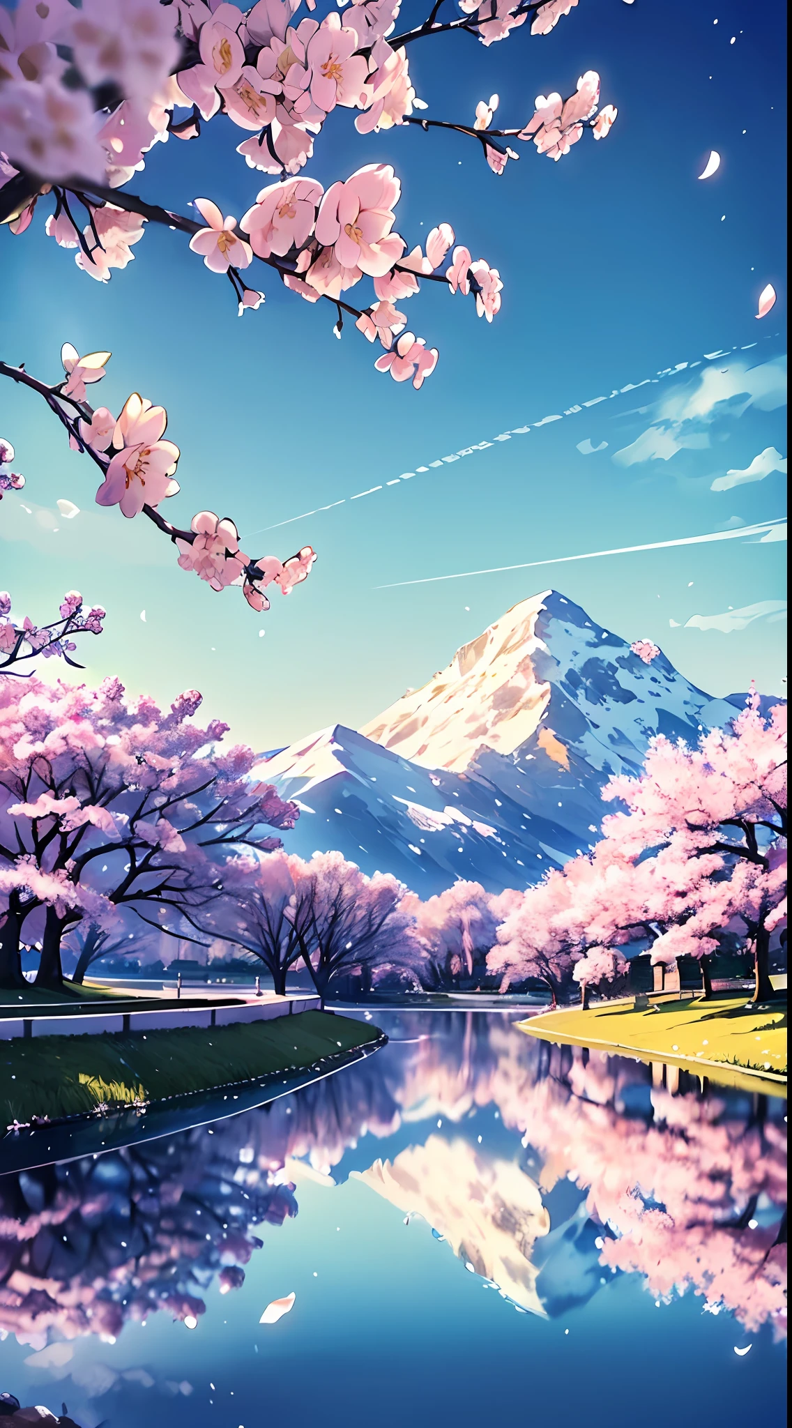 Masterpiece, pavilion, original, very detailed 8K wallpaper, very delicate and beautiful, (nature: 1.2), (vast grassland), (cherry blossoms: 0.5), (mountain top | snow: 0.7), (lake: 0.7) (reasonable), beautiful detailed sky, masterpiece, wide angle, movie lighting, beautiful details water, no people, detailed background