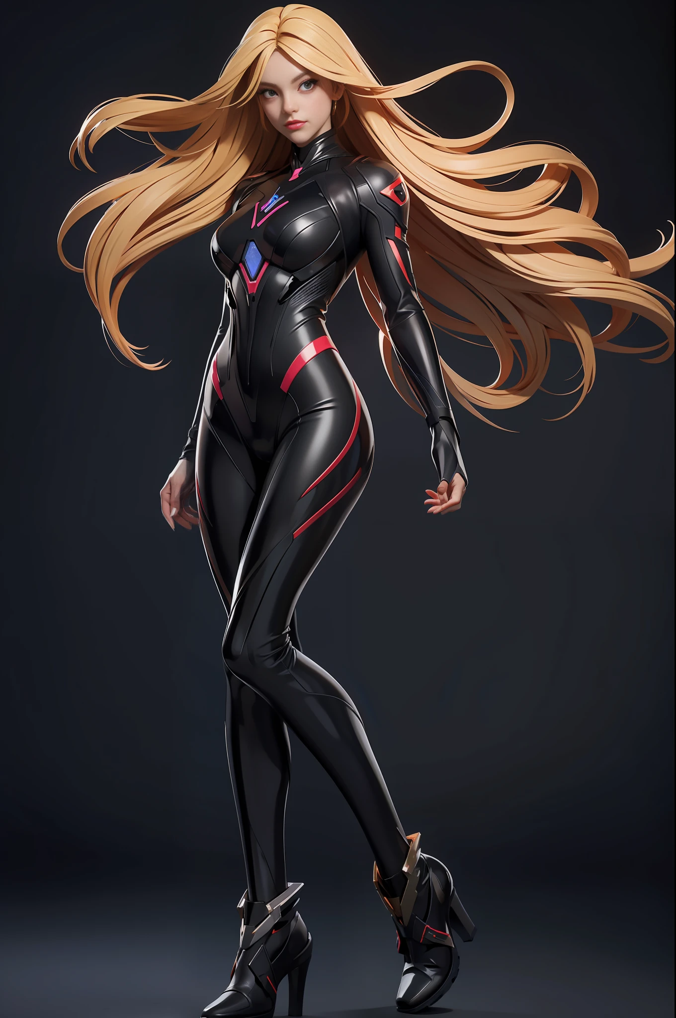 full body picture Unreal Engine 5 8K UHD of beautiful woman, blonde hair, shiny black tight Evangelion plug suit, beautiful make up, best quality, masterpiece