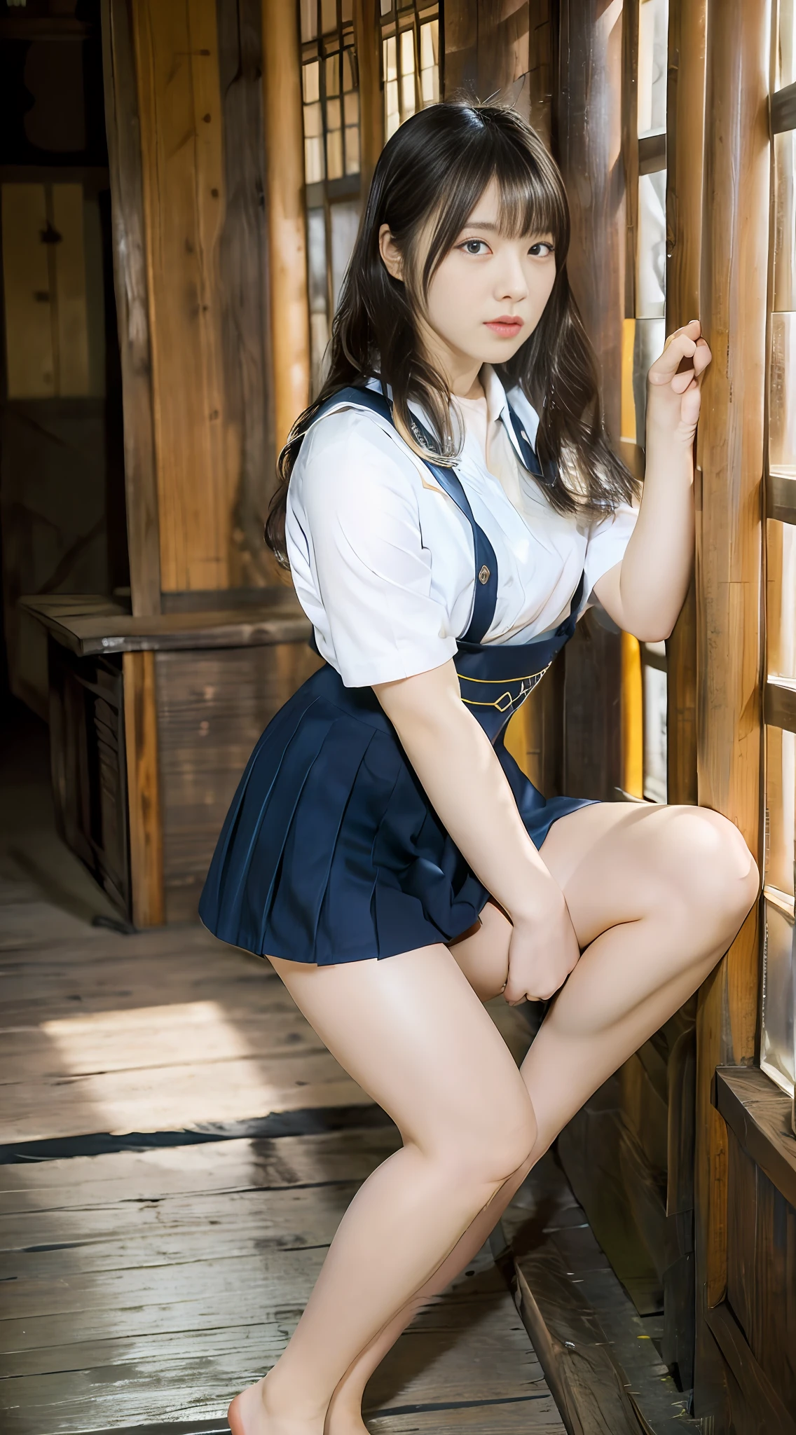 ((top quality, 8k, masterpiece: 1.3)), Japan old house, schoolgirl, full body shot (uniform, bare feet, muscular, thighs, legs), super delicate face, delicate and big eyes, double eyelids, fair skin,