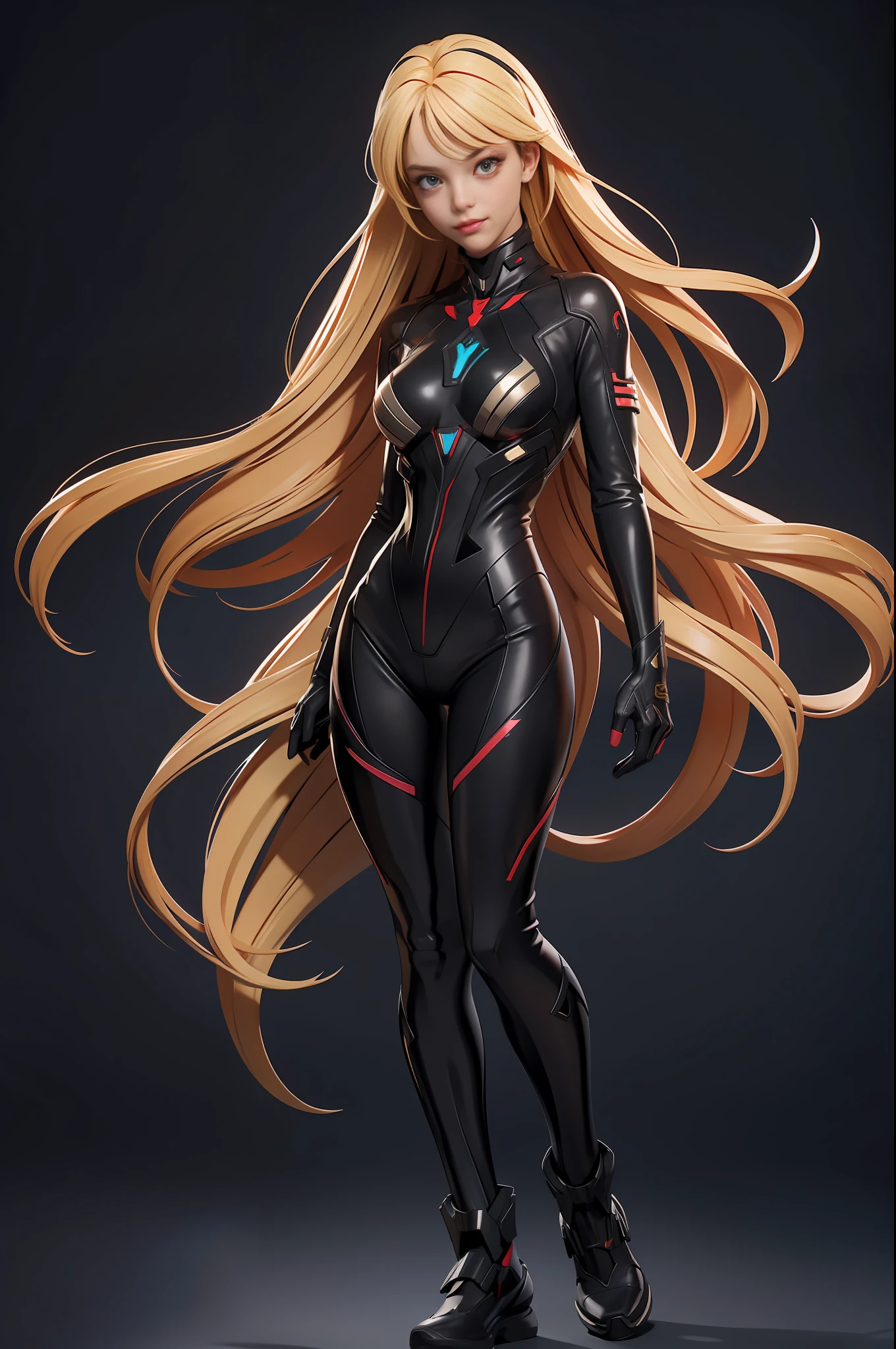 full body picture Unreal Engine 5 8K UHD of beautiful woman, blonde hair, shiny black tight Evangelion plug suit, beautiful make up, best quality, masterpiece