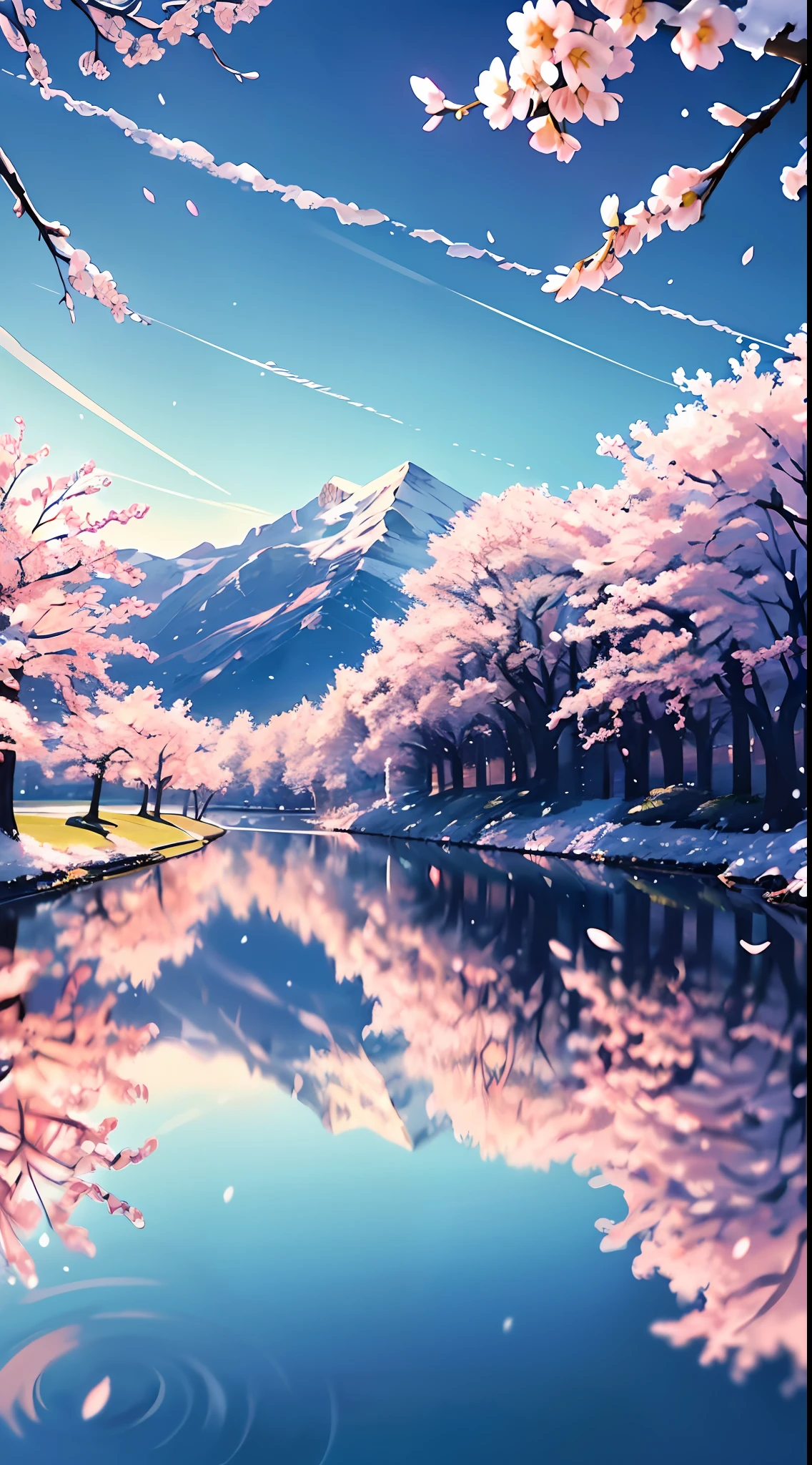 Masterpiece, pavilion, original, very detailed 8K wallpaper, very delicate and beautiful, (nature: 1.2), (vast grassland), (cherry blossoms: 0.5), (mountain top | snow: 0.7), (lake: 0.7) (reasonable), beautiful detailed sky, masterpiece, wide angle, movie lighting, beautiful details water, no people, detailed background