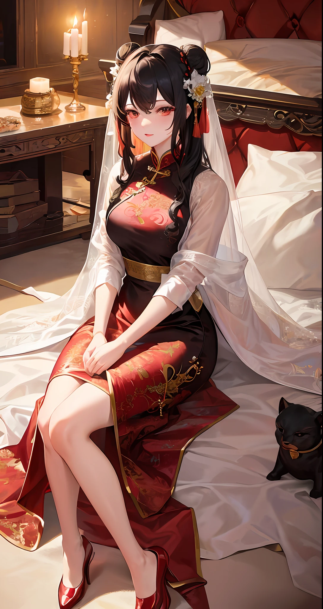 Masterpiece, Superb Style, Cave House Flower Candle Night, Wedding Scene, 1 Daughter, (Single), Mature Woman, Chinese Style, Sister, Royal Sister, Chinese Costume Red Wedding Dress, Bun, Black Long Haired Woman, Embroidered Shoes, Gentle, Intellectual, Three Belts, Wedding Background, Wan, Red Lantern