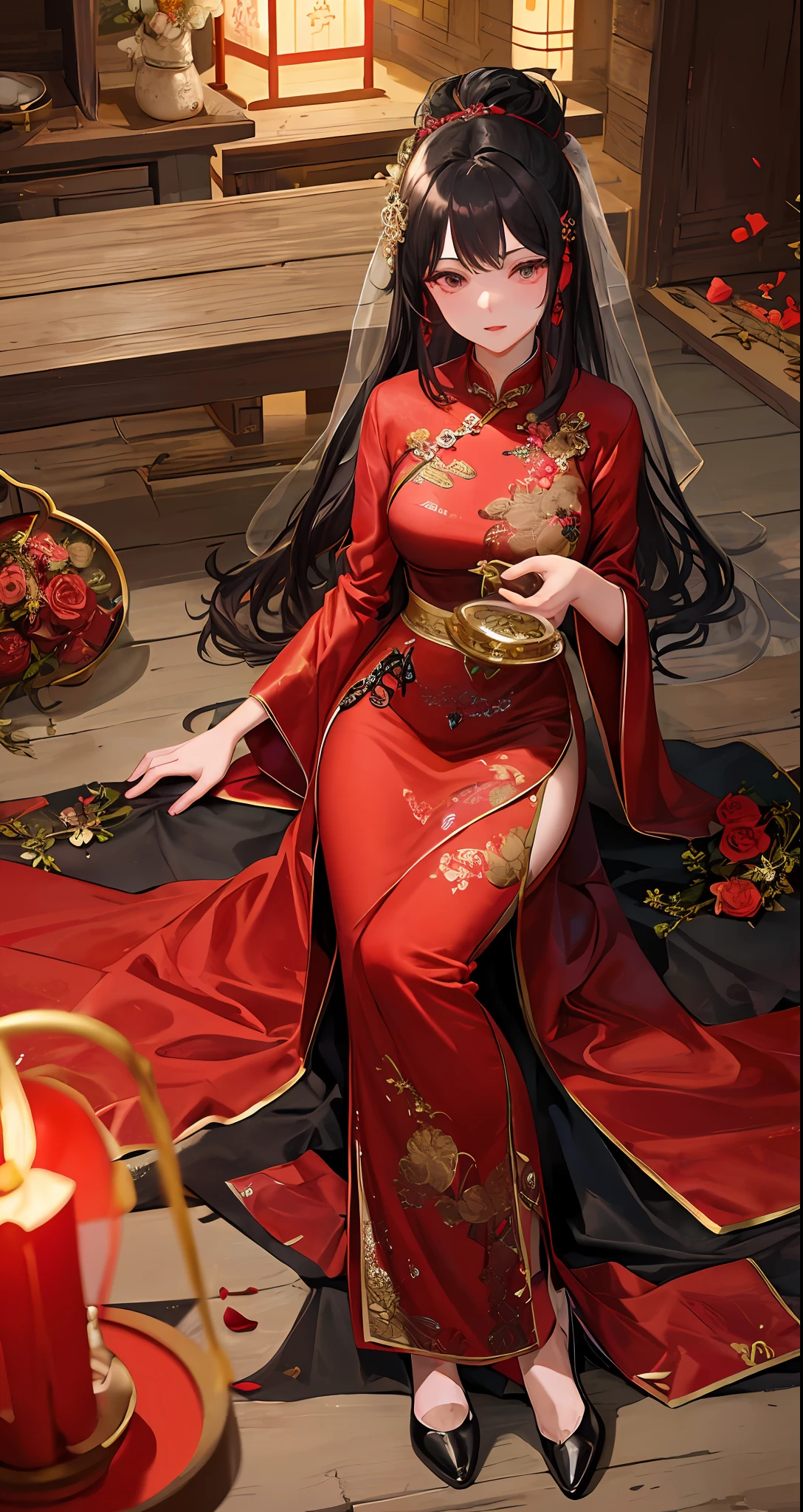 Masterpiece, Superb Style, Cave House Flower Candle Night, Wedding Scene, 1 Daughter, (Single), Mature Woman, Chinese Style, Sister, Royal Sister, Chinese Costume Red Wedding Dress, Bun, Black Long Haired Woman, Embroidered Shoes, Gentle, Intellectual, Three Belts, Wedding Background, Wan, Red Lantern