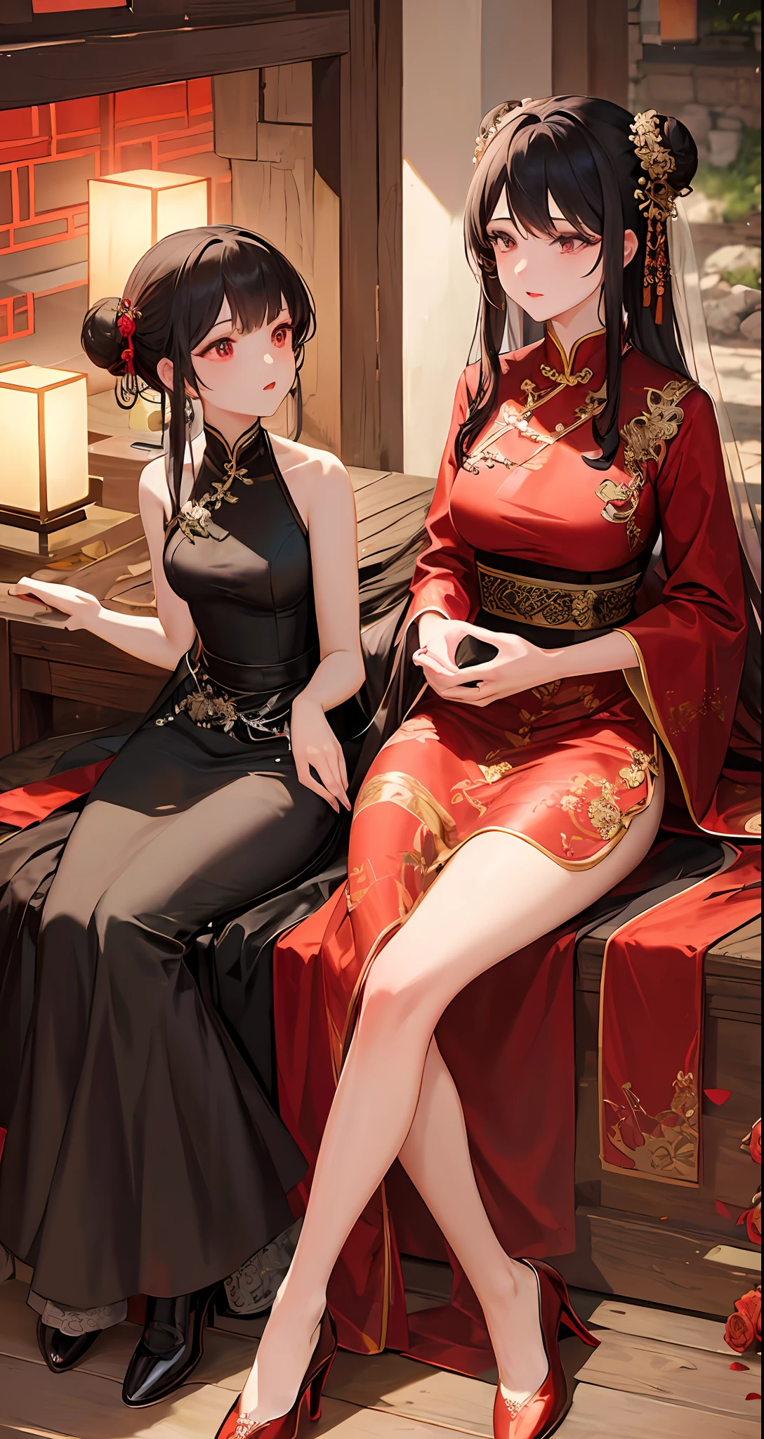 Masterpiece, Superb Style, Cave House Flower Candle Night, Wedding Scene, 1 Daughter, (Single), Mature Woman, Chinese Style, Sister, Royal Sister, Chinese Costume Red Wedding Dress, Bun, Black Long Haired Woman, Embroidered Shoes, Gentle, Intellectual, Three Belts, Wedding Background, Wan, Red Lantern