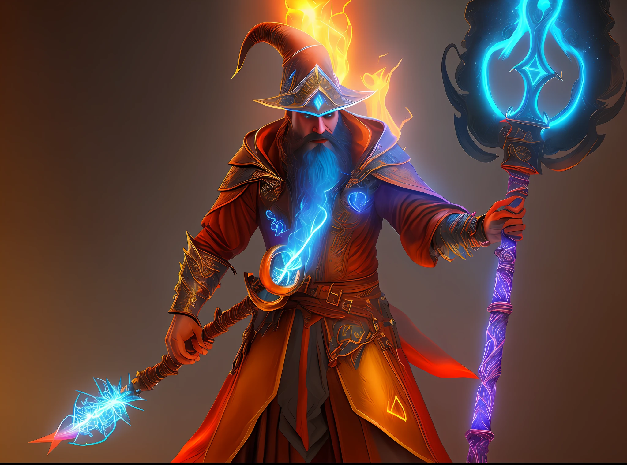 Full body mage holding magic staff, confident mage with hawk nose surrounded by glowing arcane runes, ultra realism, 8k quality, bright neon colors, glowing eyes, hyperrealism, UHD, ultra vivid neon colors, ureal engine graphics engine 5, ( hyper detailed ),