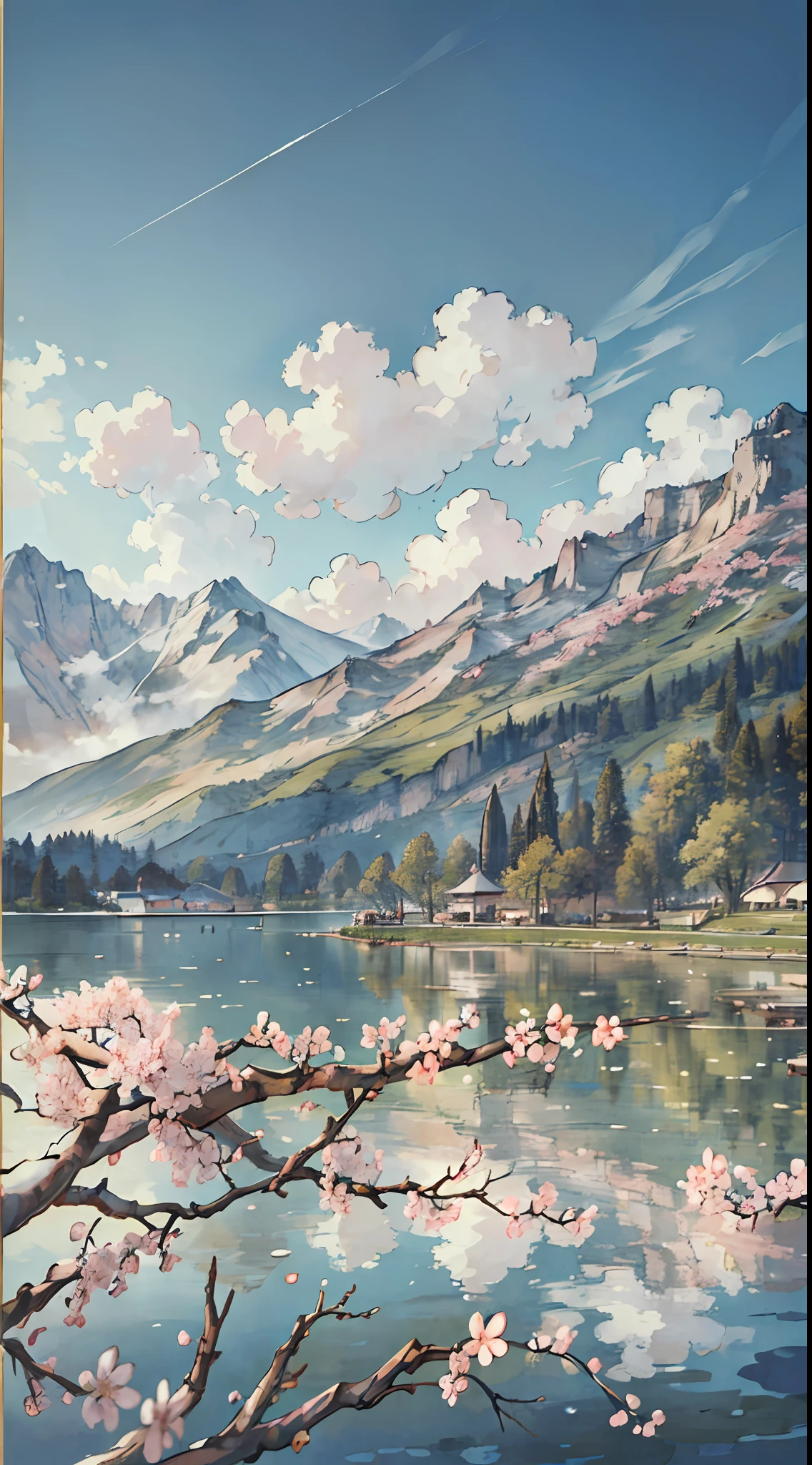 Masterpiece, pavilion, original, very detailed 8K wallpaper, very delicate and beautiful, (nature: 1.2), (vast grassland), (cherry blossoms: 0.5), (mountain top | snow: 0.7), (lake: 0.7) (reasonable), beautiful detailed sky, masterpiece, wide angle, movie lighting, beautiful details water, no people, detailed background