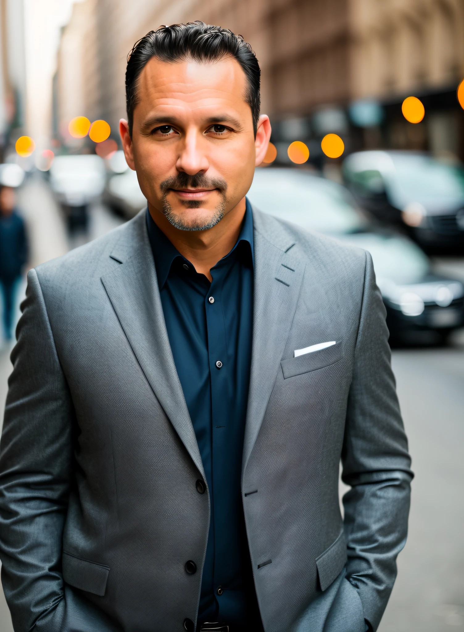 Photo RAW, 43-year-old male, seduction coach, well-dressed, on the street, (high-precision skin: 1.2), 8k uhd, DSLR, soft lighting, high quality, film grain, Fujifilm XT3