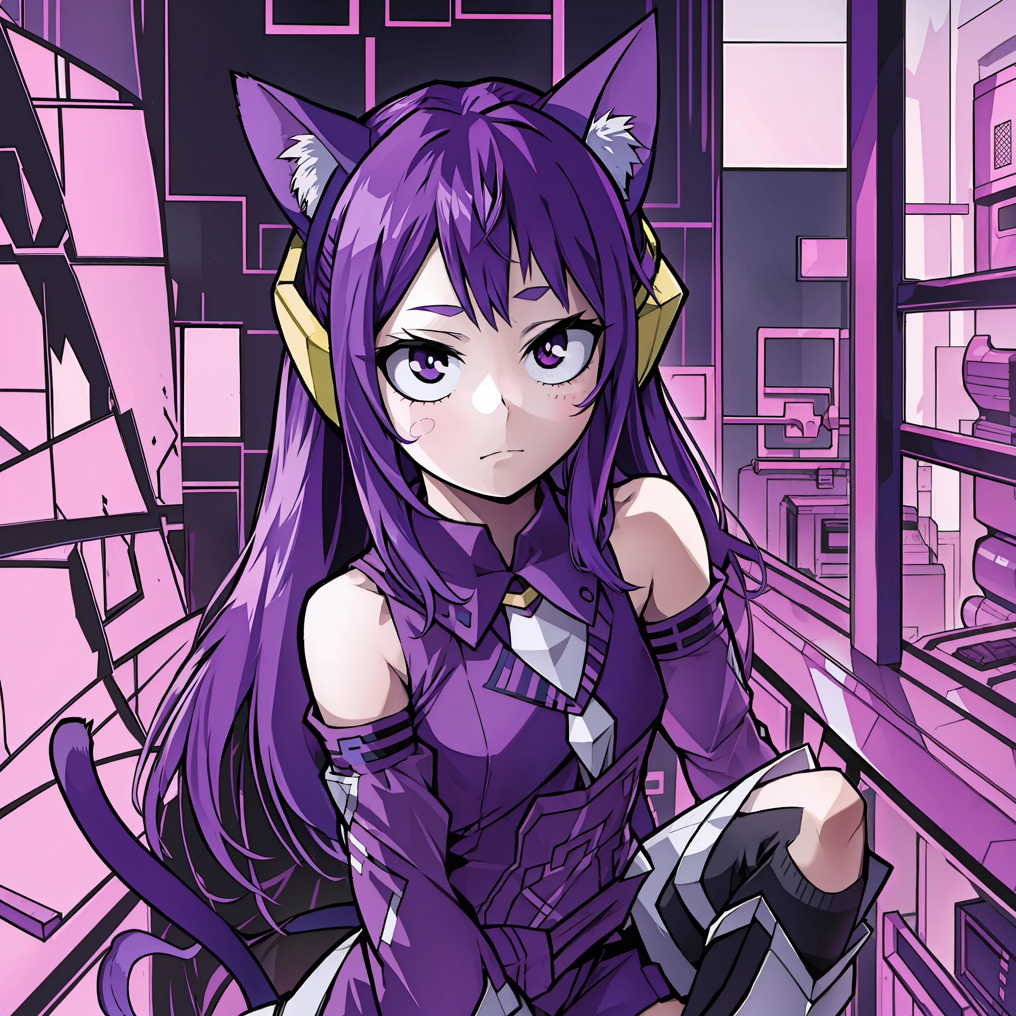 A Little Girl, Shoulders Long Hair, Purple Hair, Small Purple Cat Ears, A Purple Cat Tail, Assassin Clothing, Amine Style