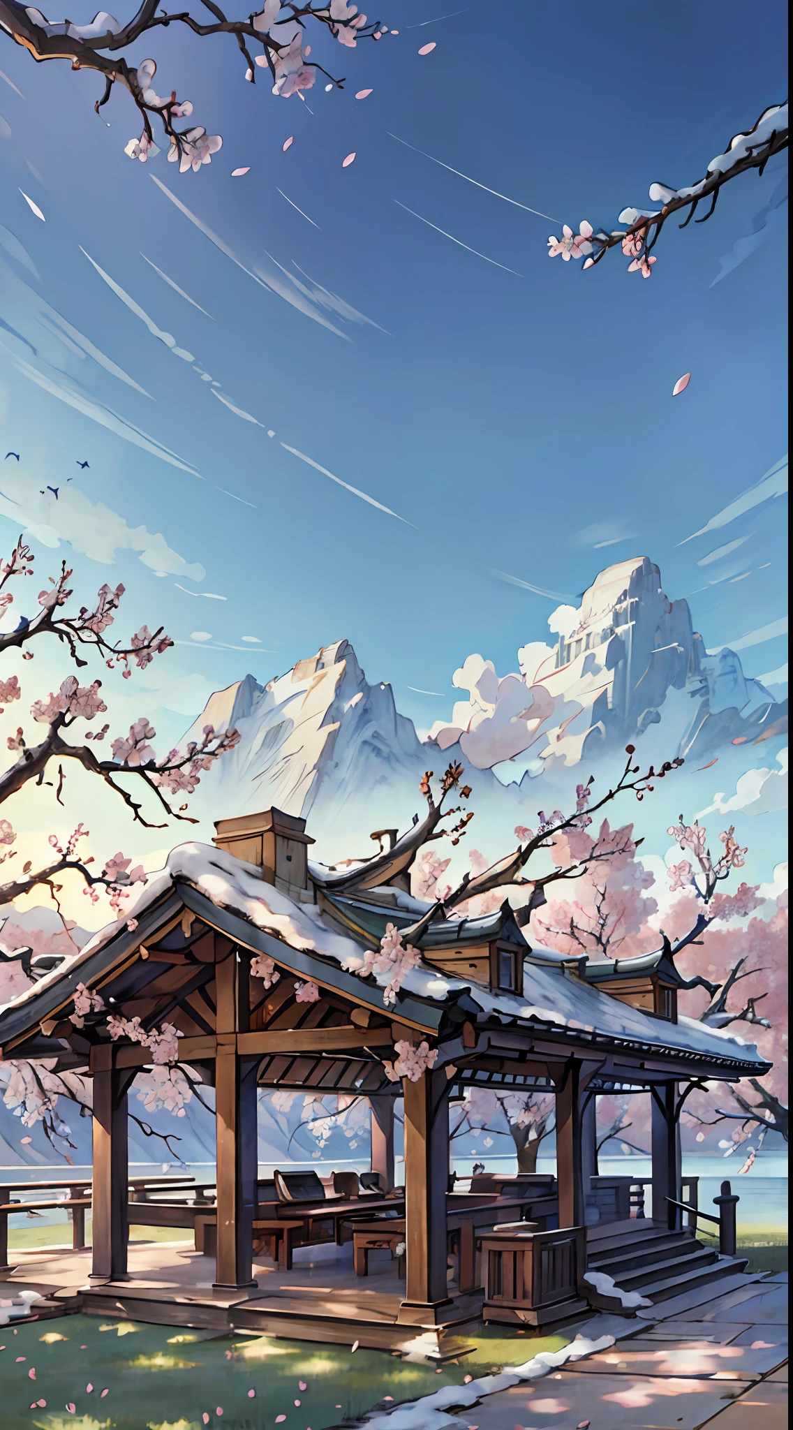 Masterpiece, pavilion, original, very detailed 8K wallpaper, very delicate and beautiful, (nature: 1.2), (vast grassland), (cherry blossoms: 0.5), (mountain top | snow: 0.7), (lake: 0.7) (reasonable), beautiful detailed sky, masterpiece, wide angle, movie lighting, beautiful details water, no people, detailed background