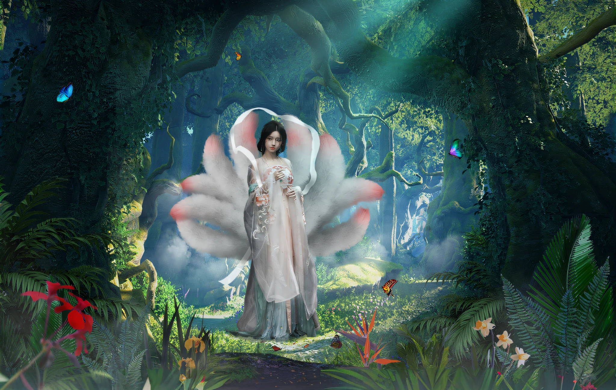 there is a woman in a white dress standing in a forest, queen of the fairies, magic fairy forest, queen of the forest, the fairy queen, fairy queen, ethereal fantasy, in the magical forest, stunning 3d render of a fairy, goddess of the forest, in a magical forest, enchanted magical fantasy forest, fairy forest, forest fairy, fantasy fairytale story