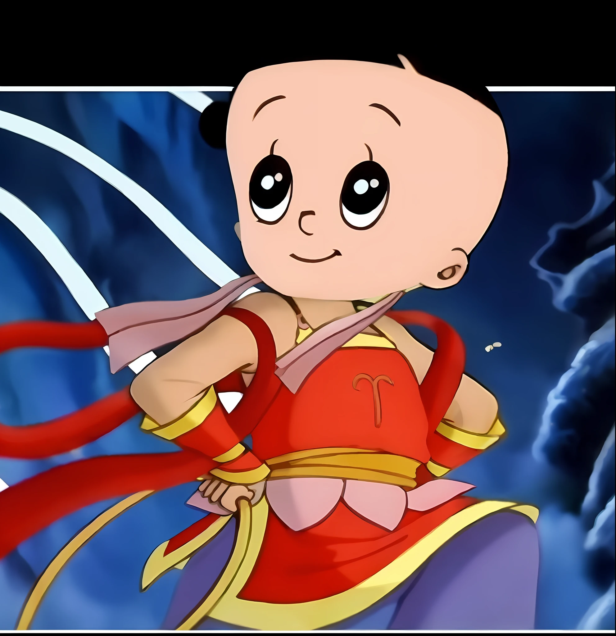 A close-up of a cartoon character wearing a red belly pocket, big head, big head, Nezha, high-grade light and shadow, high-level fusion of skin color, inspired by Chen Jiru, inspired by Puhua, Nezha, inspired by Li Meishu, inspired by Zhao Zuo, Feng Shu, inspired by Lu Ji, inspired by Chen Daofu, master works, ultra-clear quality, normal head and face, details, normal hands, mixed sky Aya. Fire-tipped guns, qiankun circles, the same big ears, the same big ears, normal ears, facial details, expressions naturally look forward