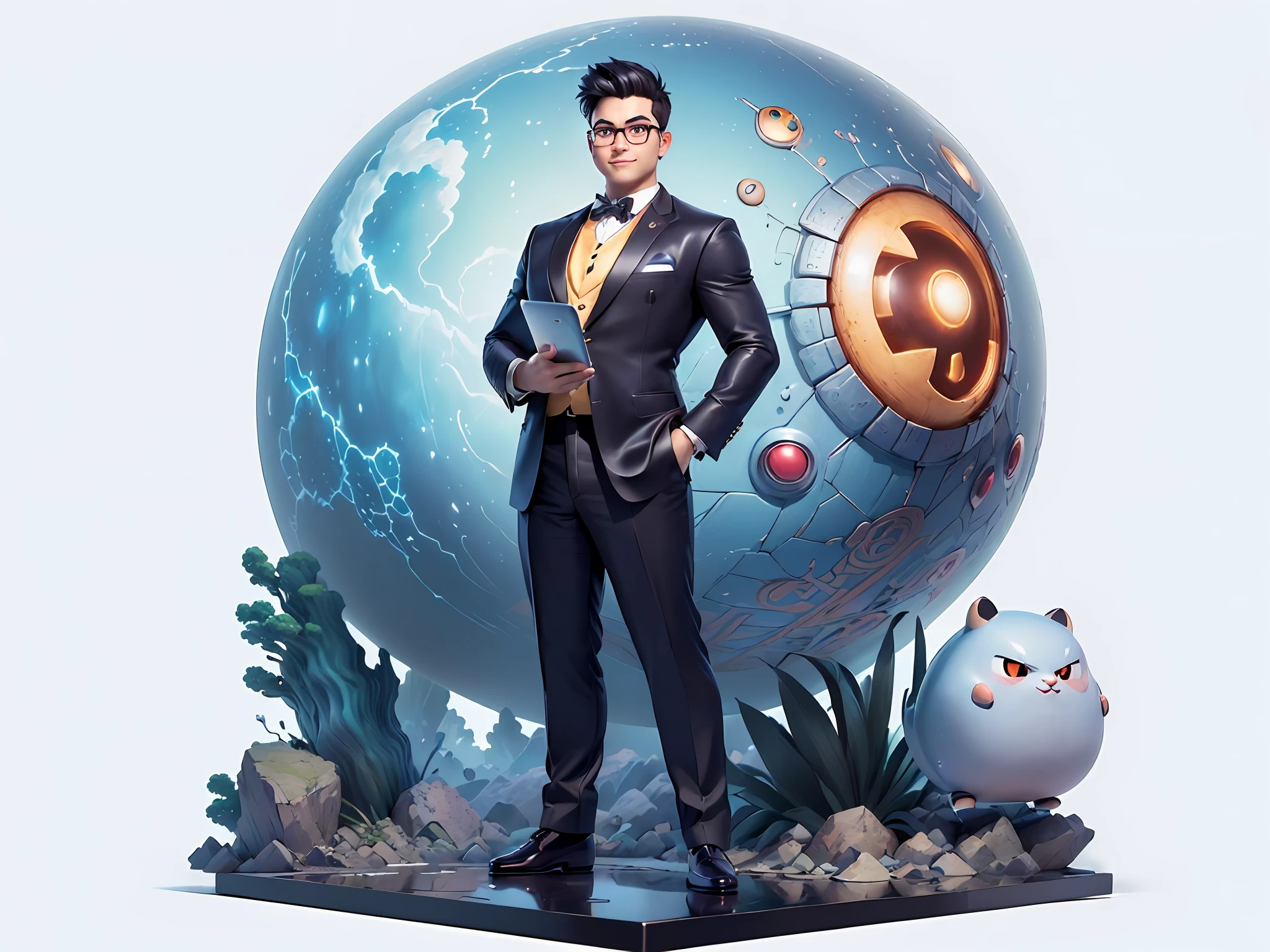 (((Masterpiece), (Excellent), (Super Meticulous), (Full Body: 1.2), Super Young Man, Oriental Face, Japanese Wind and Thunder God, Dragon, Tiger, TV Anchor, Bust Portrait Illustration, Alone, Black Formal Suit, Blue Tie, Slightly Chubby Face, Silver Glasses Face Very Clean No Beard, Black Super Short Hair, Black Eyes, Confident Smile, 3c Computer Sub-Products, iPad, iPhone, Digital Painting, 3D Character Design by Akira Toriyama and Mark Claireden and Pixar and Hayao Miyazaki, The illustration is a high-definition illustration in 4K resolution with very detailed facial features and cartoon-style visuals.