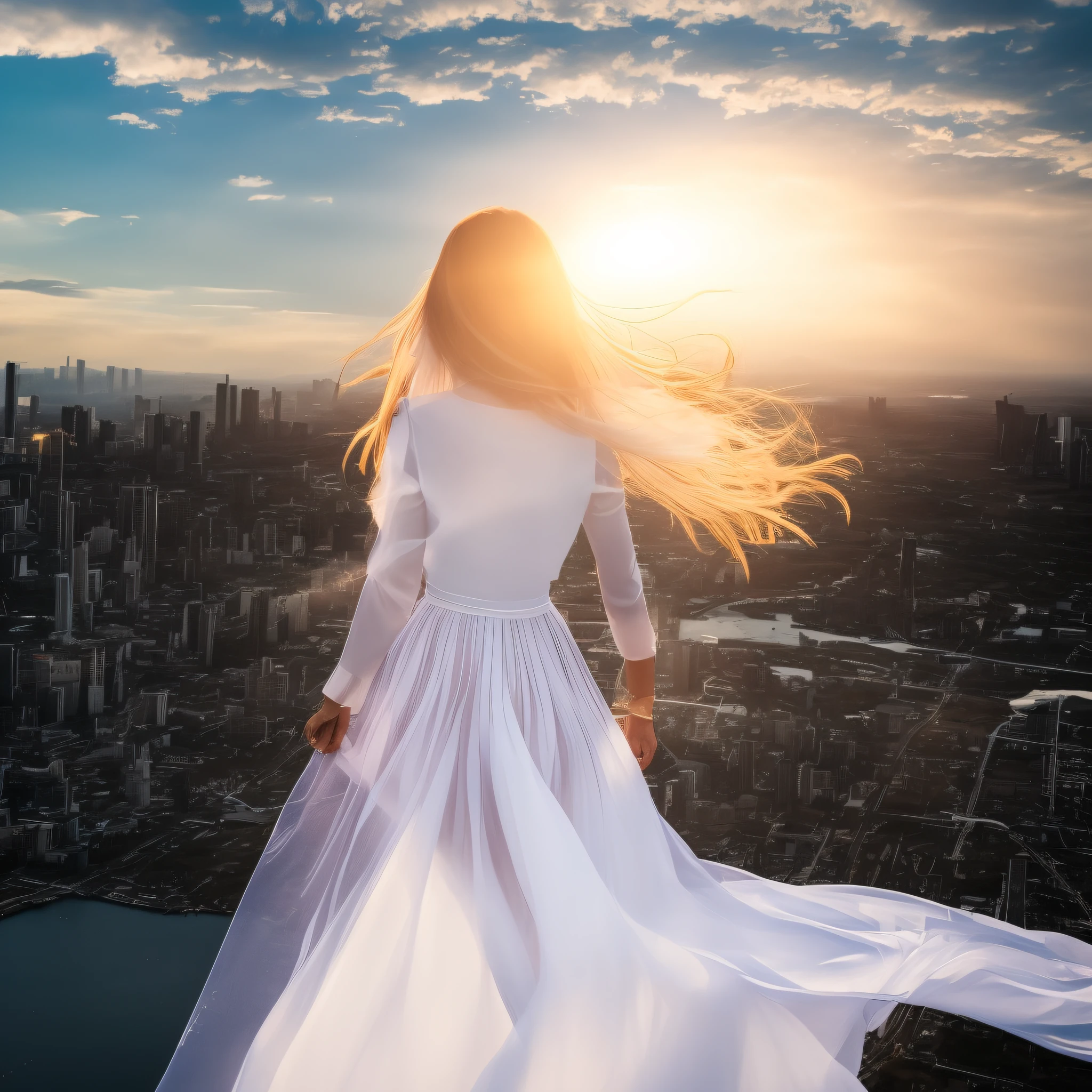 Arafine woman in a long dress standing on a ledge overlooking the city, beautiful girl on the horizon, wearing a white flowing dress, wearing a flowing dress, looking out over the city, looking at the city, flowing dress, flowing white dress, soaring over a dense city, looking down on a modern city, flowing gown, she is approaching heaven in a long dress, receiving the flowing wind, the dress is translucent, There is a magnificent sky of sunset