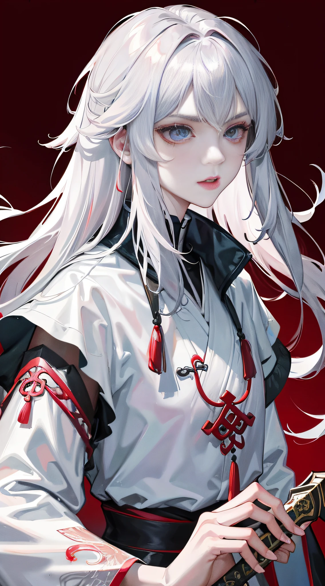 Masterpiece, Superb Class, Night, Outdoor, Rainy Day, Branches, Chinese Style, Ancient Chinese, Solo, 1 Woman, Mature Woman, Red Eyeliner, Silver-White Long Haired Woman, Gray-Blue Eyes, Pale Pink Lips, Indifference, Serious, Bangs, Assassin, Sword, White Clothes, Blood, Violence, Death, Injury, Blood, Facial Bloodstain, Lots of Blood, Facial Details, Facial Details, Simple Background, Solid Color Background,