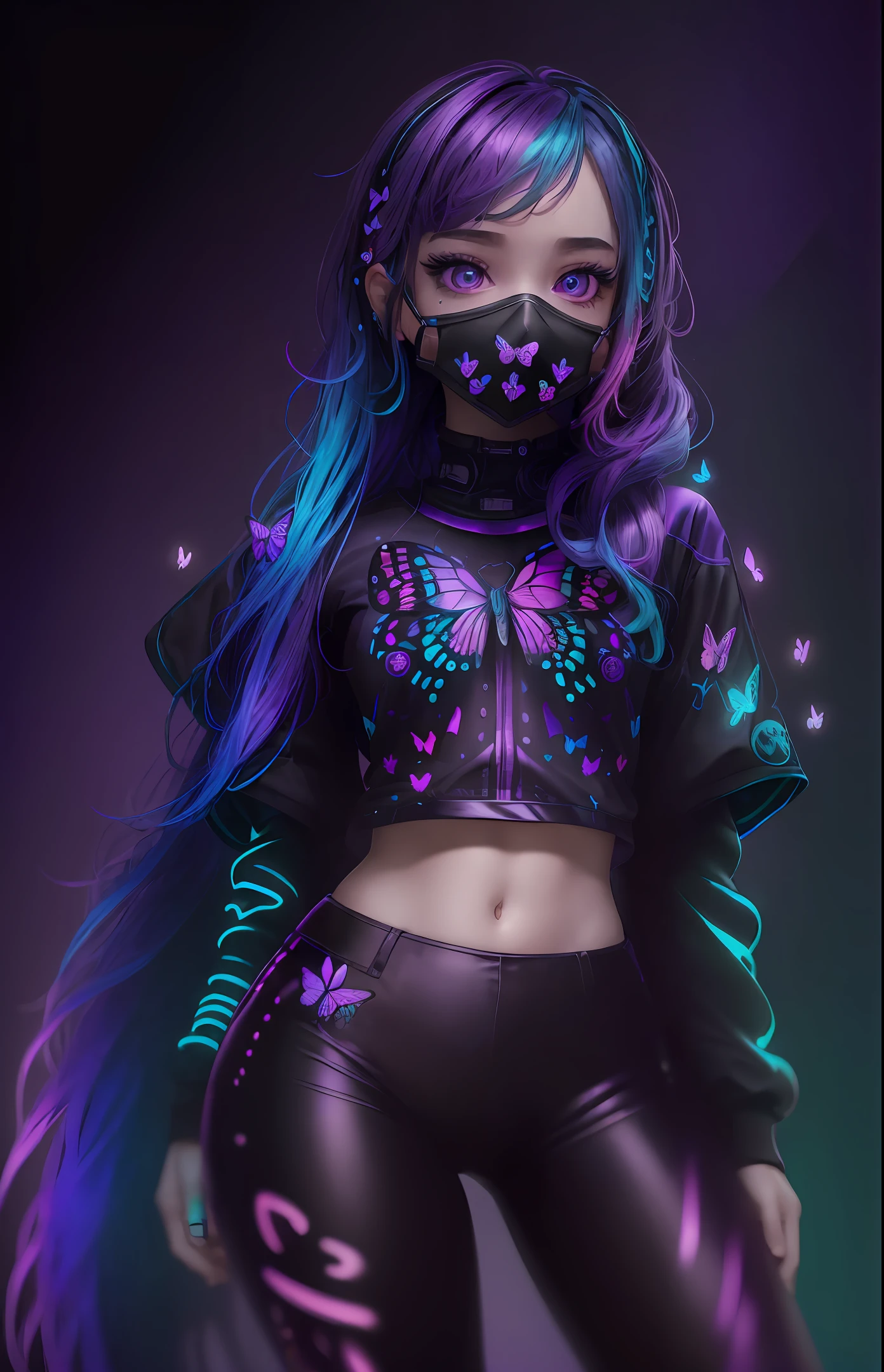 (((masterpiece, best quality, illustration, extremely detailed, 8k, 4k, 2k))), (1girl),skeleton style,((glow hair, multicolored hair)), ((Iridescent Hair)), (rib cage), ((face mask)), ((teal neon light)), ((hands behind back)), (black jacket), (((purple retro background))), (looking at viewer), (black pants), ((butterflies)), (looking at viewer), (upper body) --auto --s2