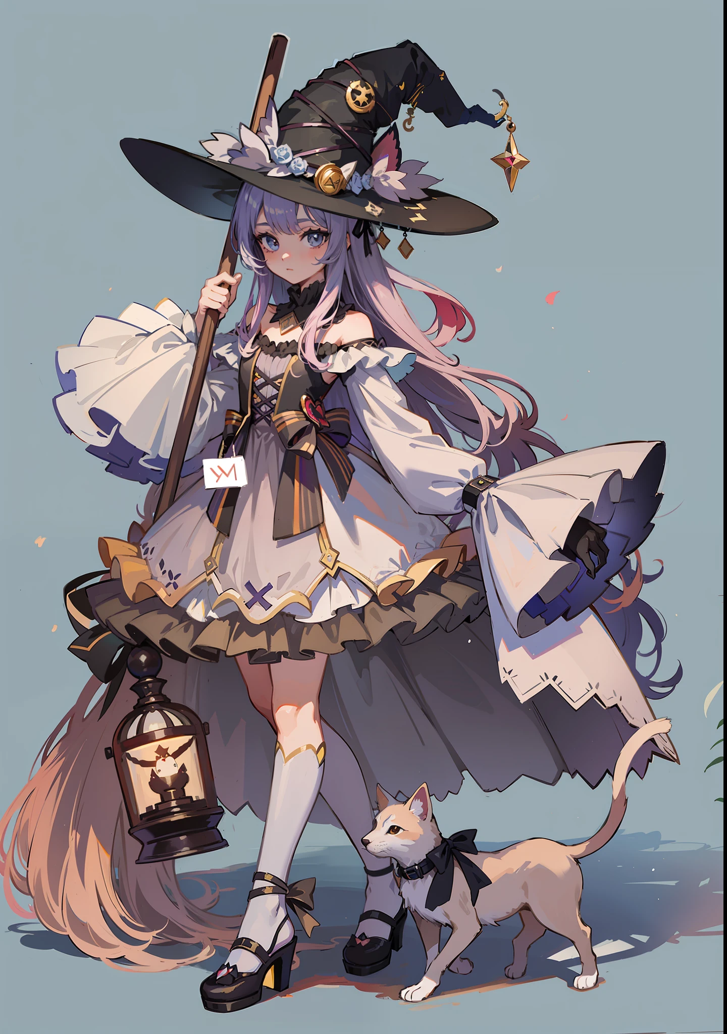 A close-up of a man with a cat and a broom, classical witch, witch girl, guvez, astral witch costume, witch core clothes, wearing long and fluent clothes, witch costume, very beautiful anime cat girl, anime full body illustration, beautiful anime cat girl, high quality anime art style, anime character magician
