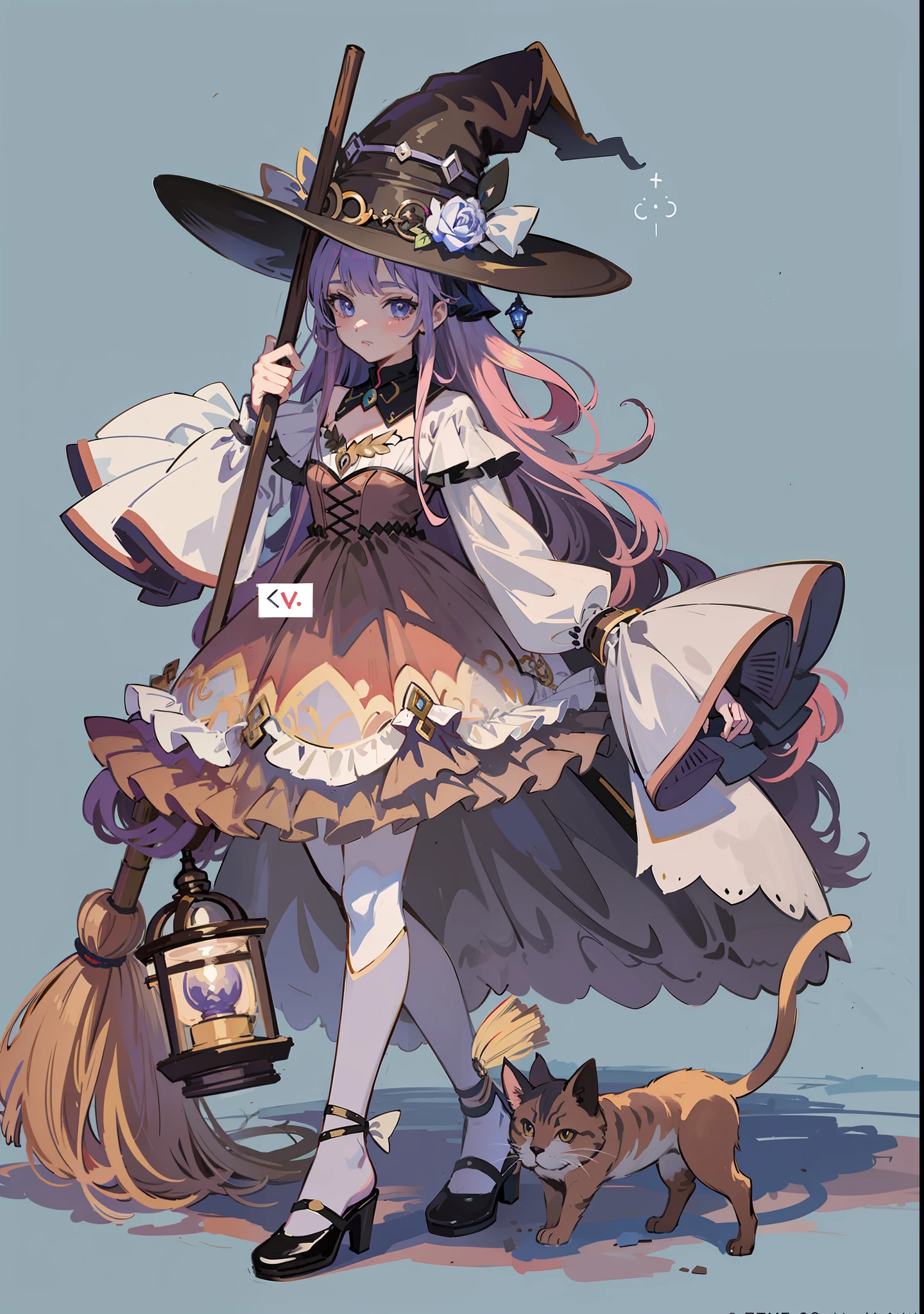 A close-up of a man with a cat and a broom, classical witch, witch girl, guvez, astral witch costume, witch core clothes, wearing long and fluent clothes, witch costume, very beautiful anime cat girl, anime full body illustration, beautiful anime cat girl, high quality anime art style, anime character magician