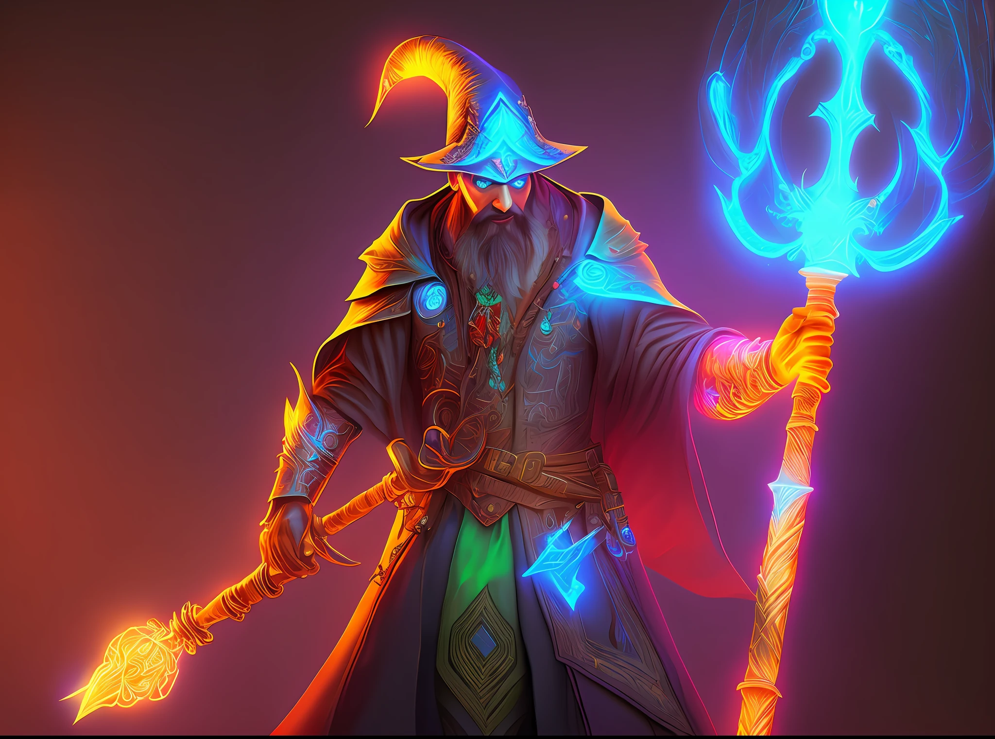Full body mage holding a magic staff, confident wizard with falcon nose surrounded by bright arcane runes, ultra-realism, 8k quality, bright neon colors, bright eyes, hyper-realism, UHD, ultra vivid neon colors, ureal engine 5 graphics engine, (futuristic mechanical body parts)