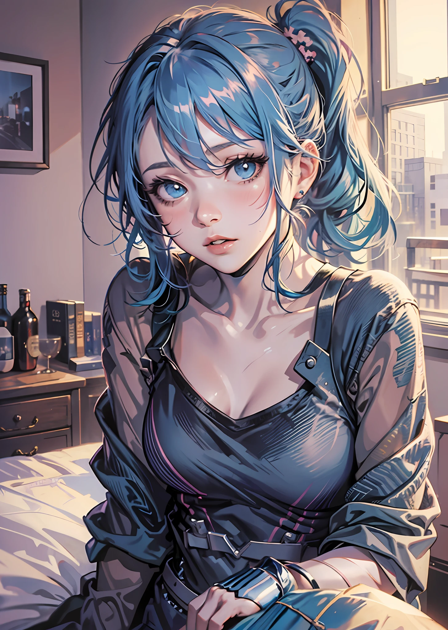 anime art, 1girl, (blue hair)+(side ponytail), dark blue eyes, medium breasts, lips, nose, (long pink t-shirt), lite blush, BREAK (bed)+(pillows)+(rumpled), room, (wardrobe with clothes), clothes, window